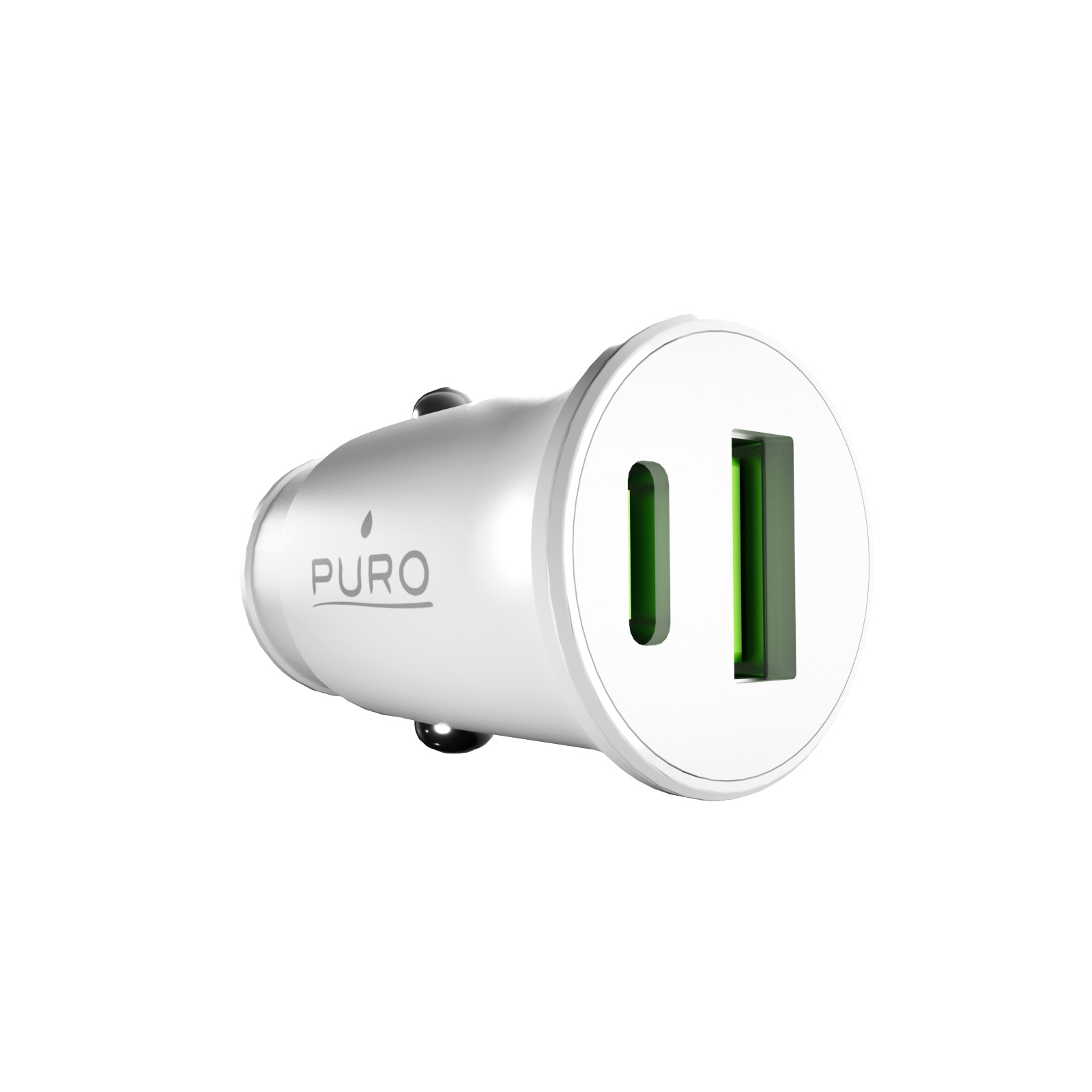 Cargador de coche blanco con logotipo PURO, puerto USB-C y USB-A verde sobre fondo blanco.