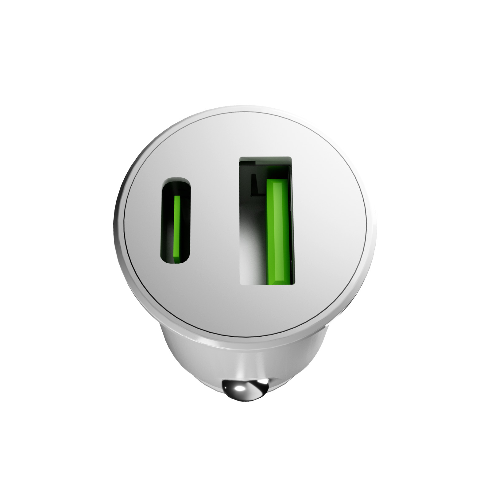 Un cargador USB para coche blanco que muestra un puerto USB-C y uno USB-A, ambos con detalles en verde brillante.