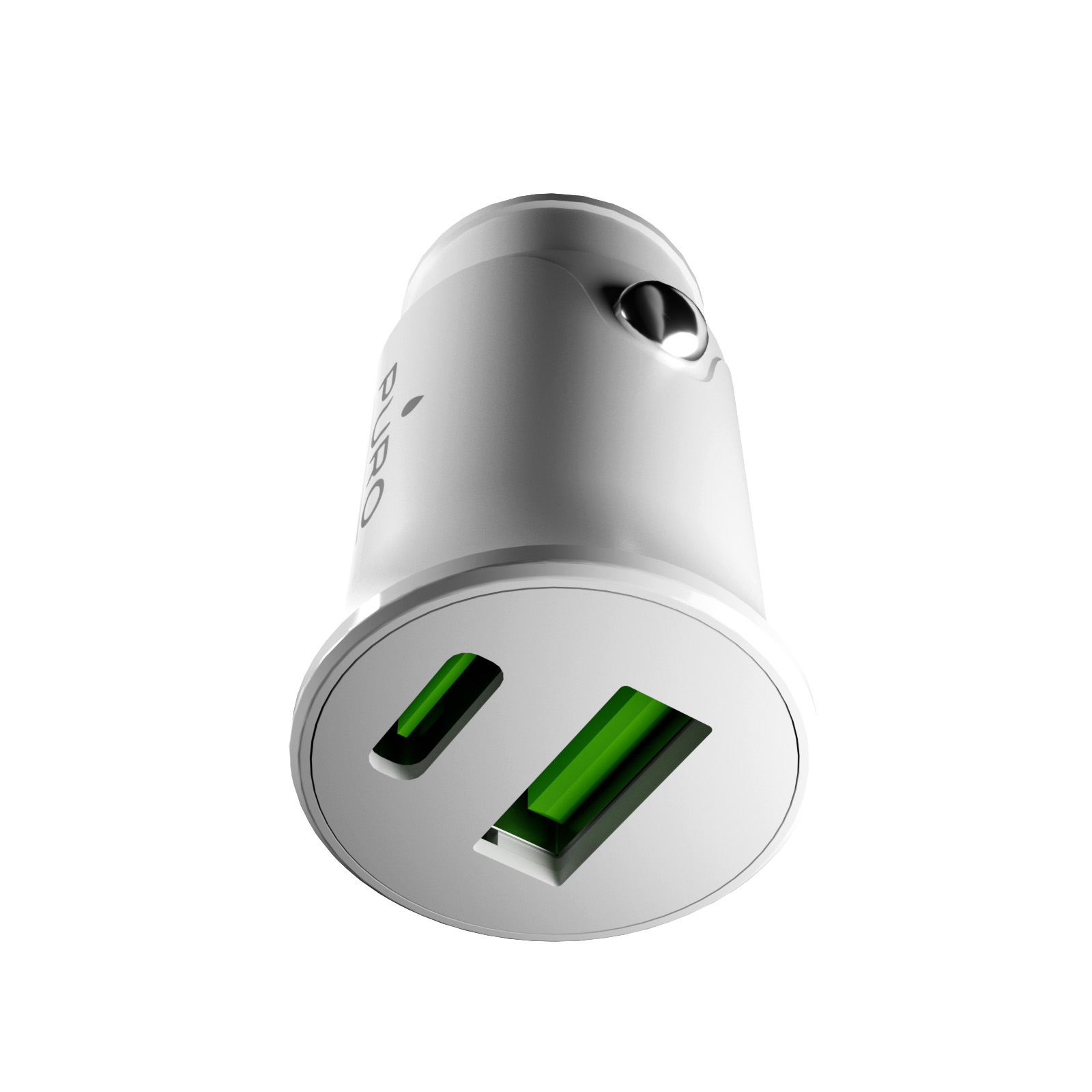 Un cargador de coche USB blanco con dos puertos verdes y un logotipo de marca, sobre fondo blanco.