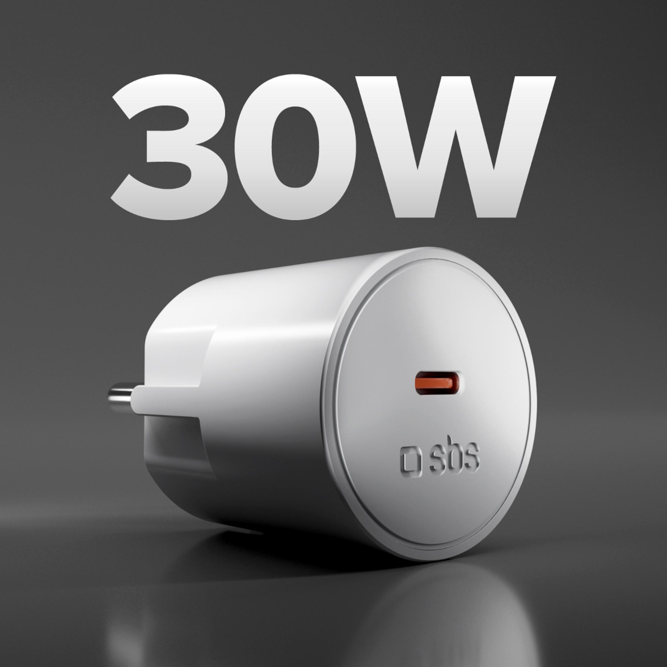 Un cargador de pared USB-C blanco de 30W con puerto naranja sobre una superficie gris y texto grande.