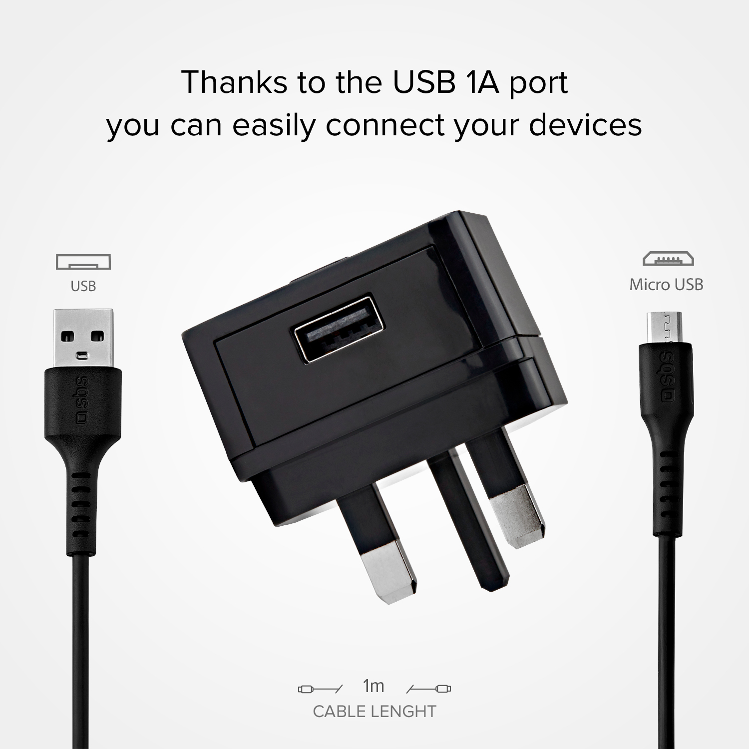Cargador de pared negro con enchufe británico y puerto USB, flanqueado por cables USB y micro USB.