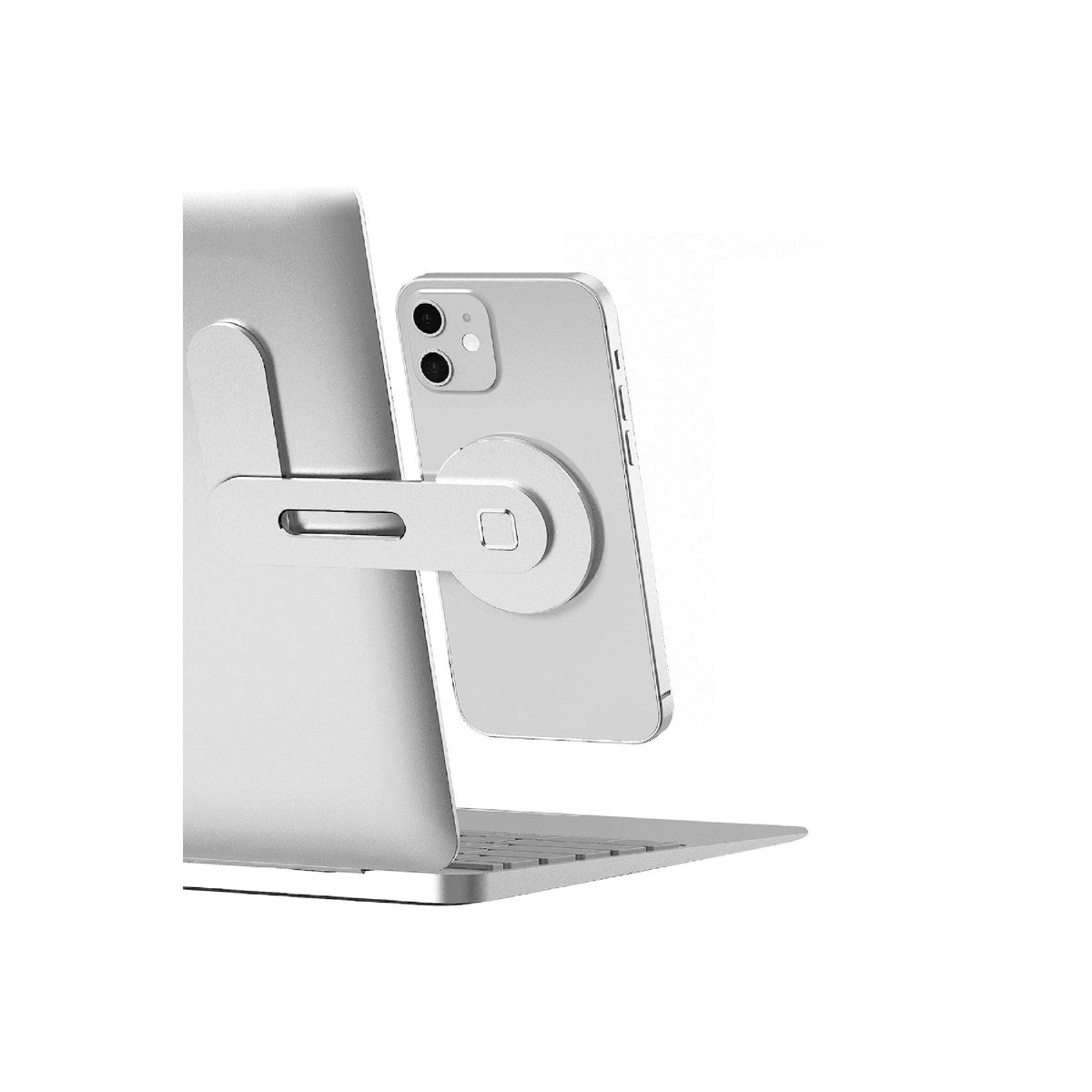 Uno smartphone argento è montato sul retro di un computer portatile.