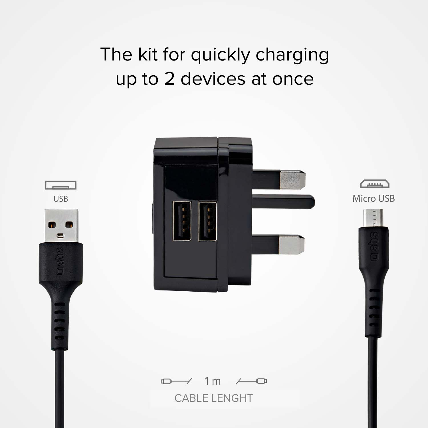 Un caricatore nero con spina britannica, due porte USB e un cavo micro-USB da 1 m.