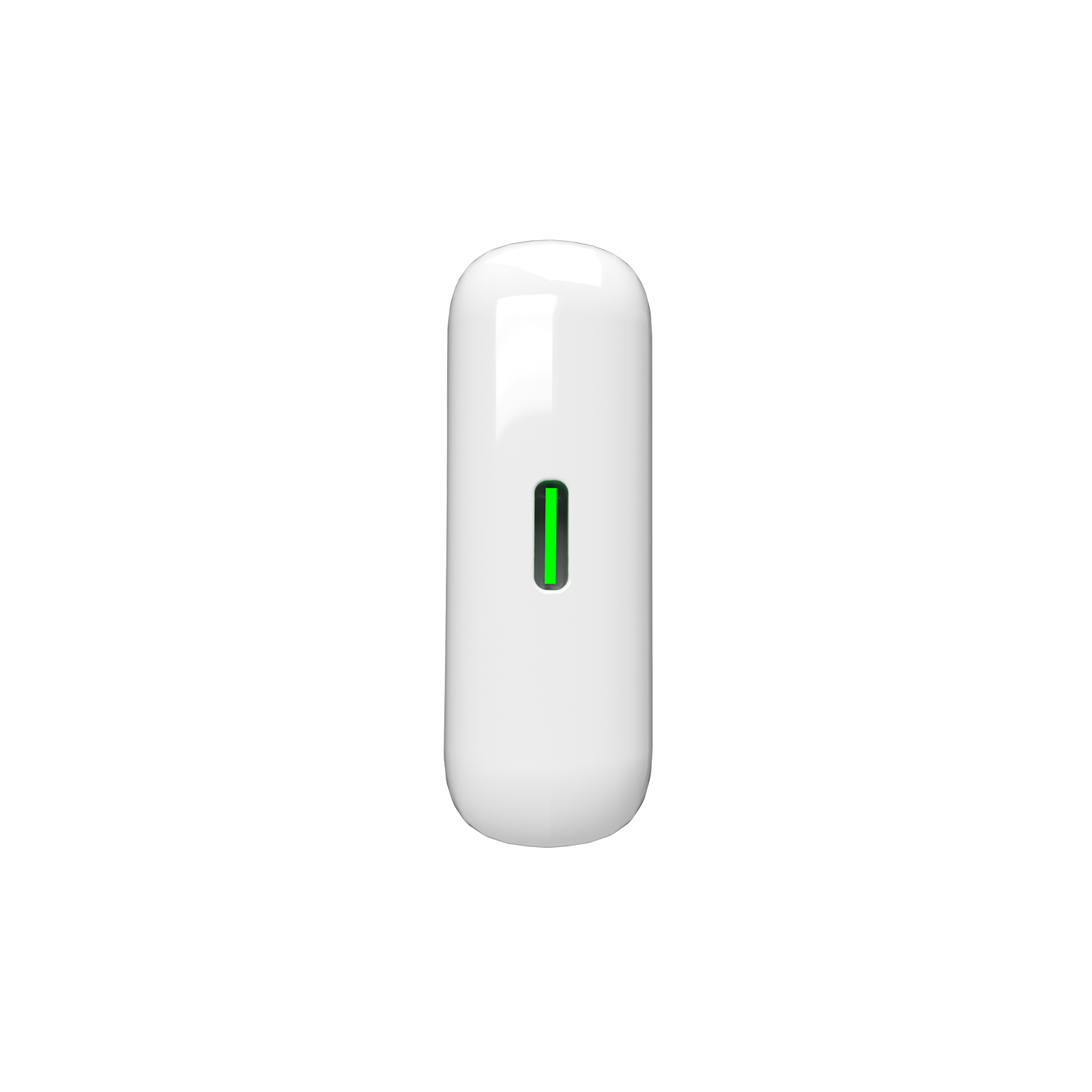 Un sensor blanco y alargado con un indicador de luz verde vertical en el centro sobre fondo blanco.
