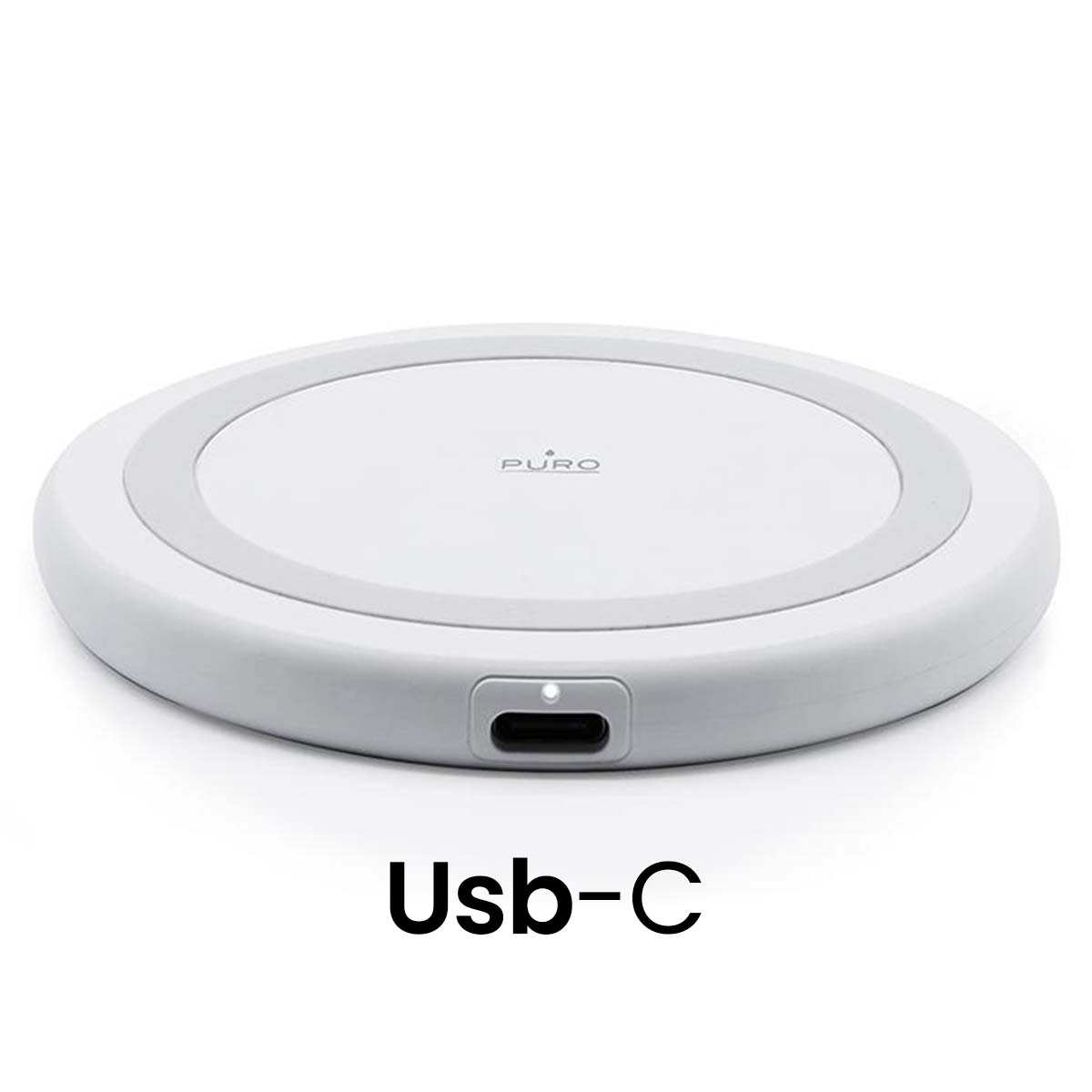 Un cargador inalámbrico Puro blanco y redondo con un puerto USB-C visible en la parte delantera.