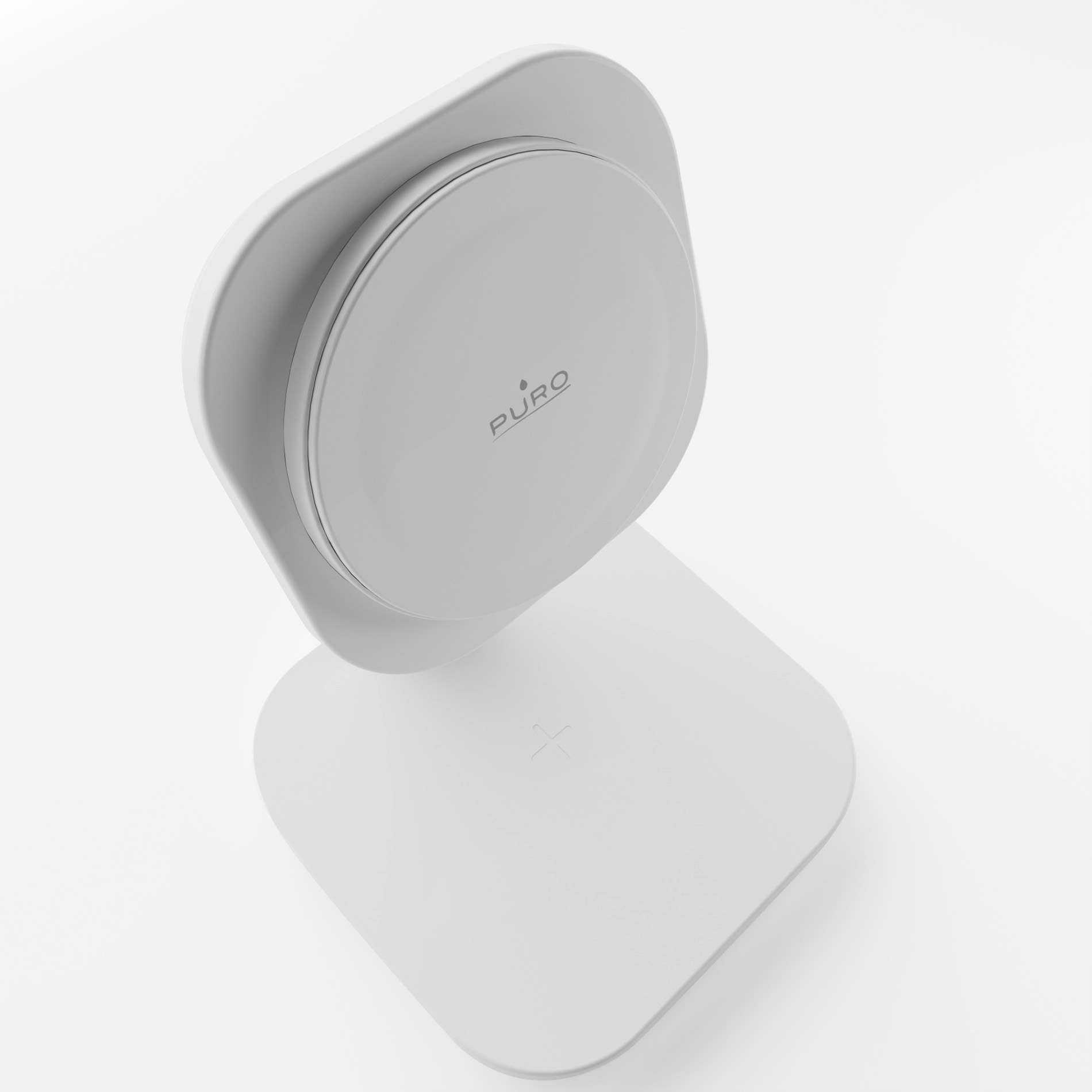 Supporto di ricarica wireless bianco con logo PURO su sfondo bianco.