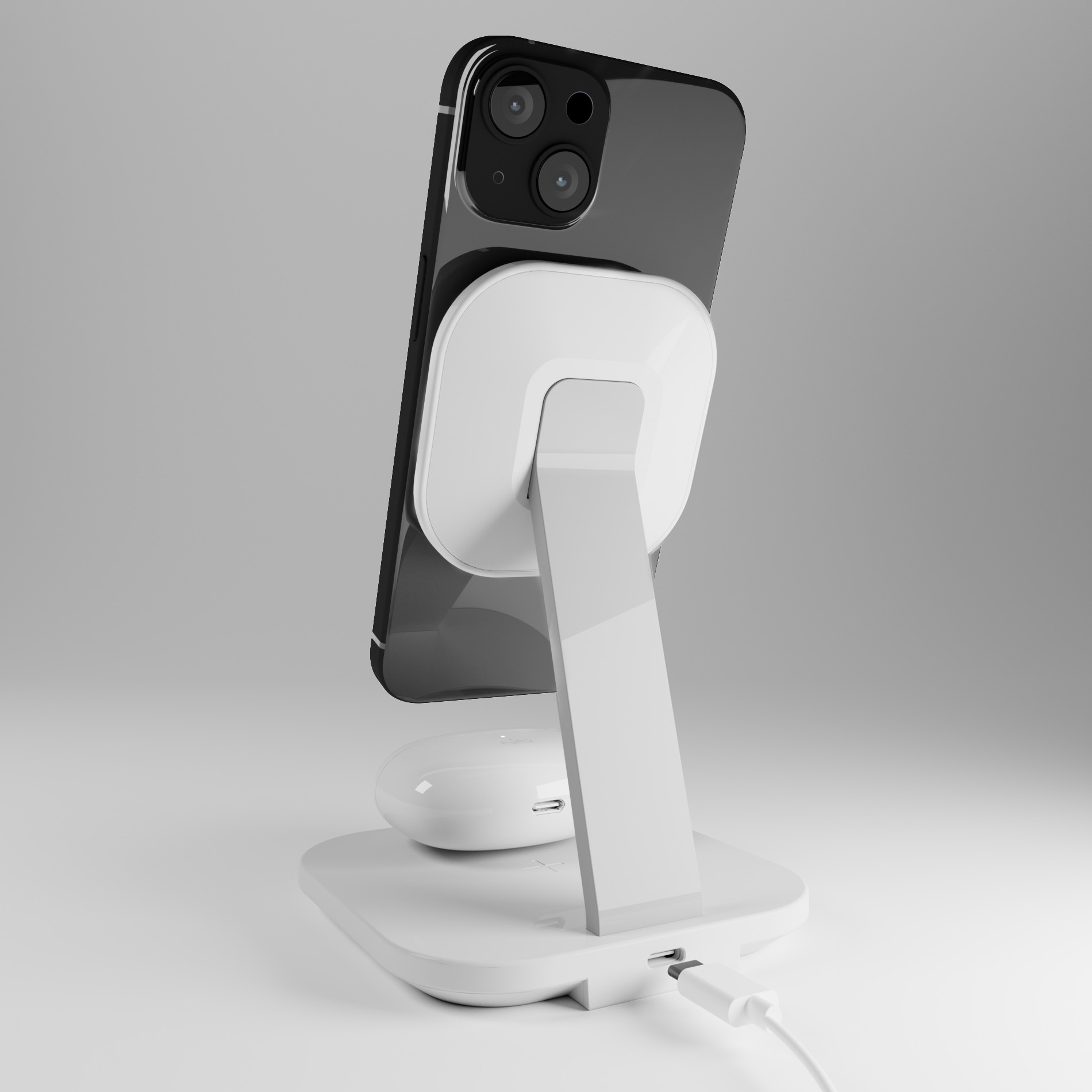 Un supporto di ricarica wireless bianco tiene uno smartphone e auricolari wireless su una superficie grigia.