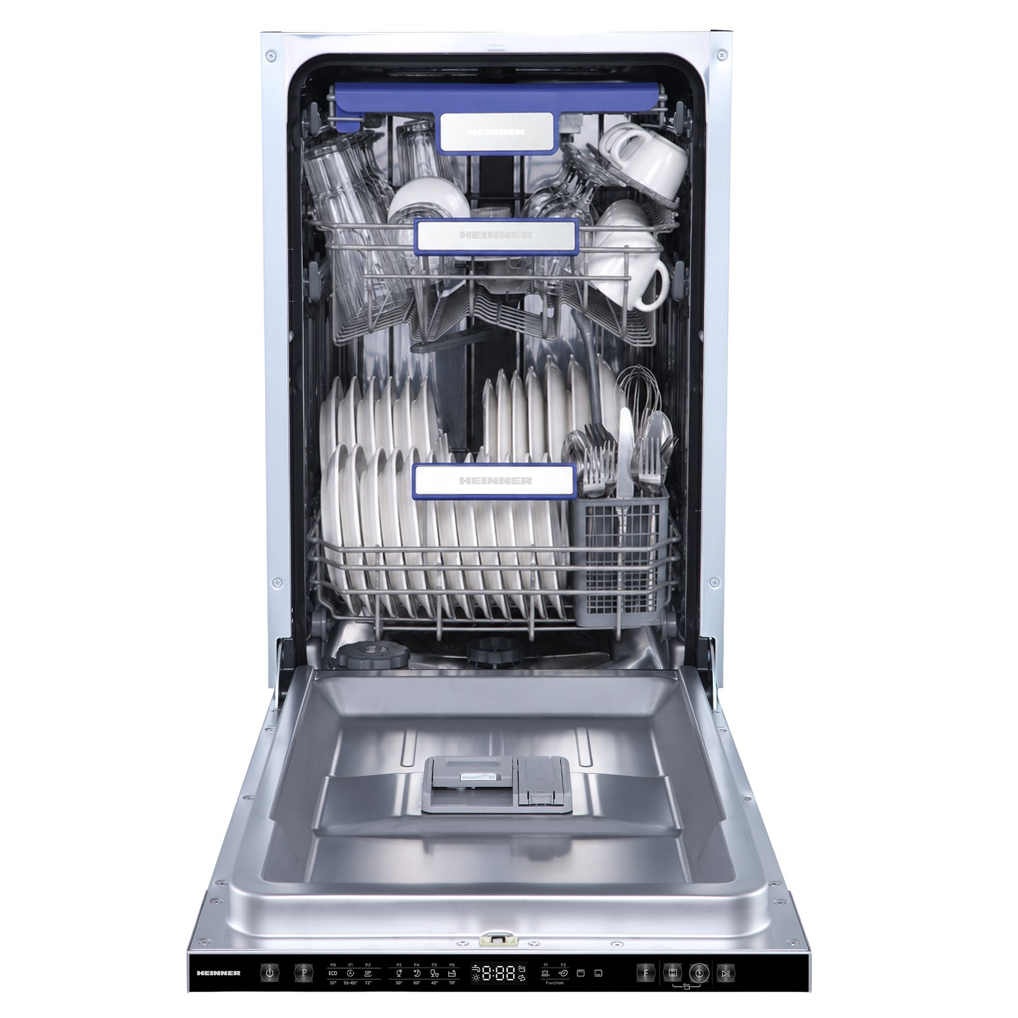 An open dishwasher filled with stacked plates, cups, glasses, and cutlery on metal racks, ready for washing.