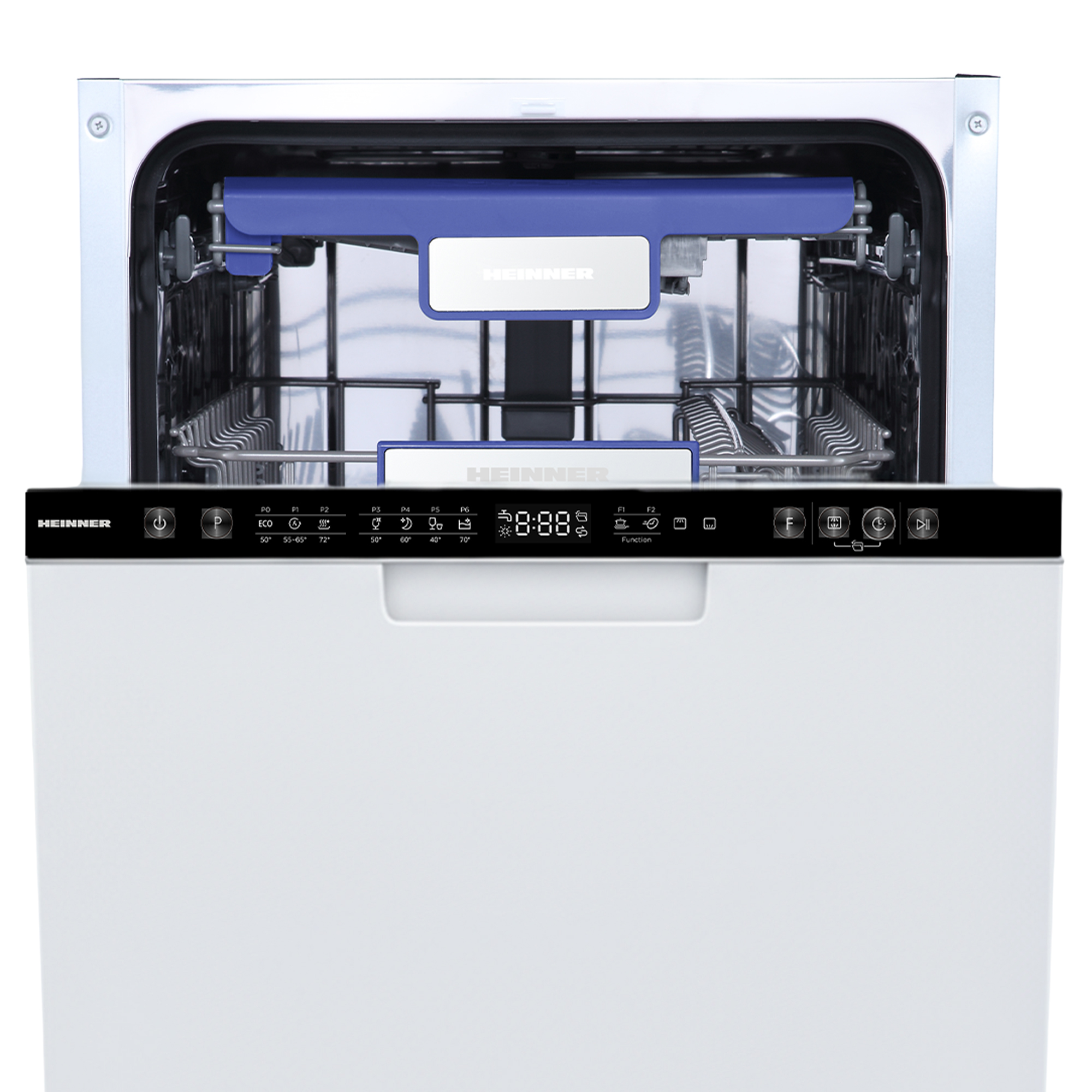 Open white dishwasher with black control panel, digital numbers, and blue accents inside.