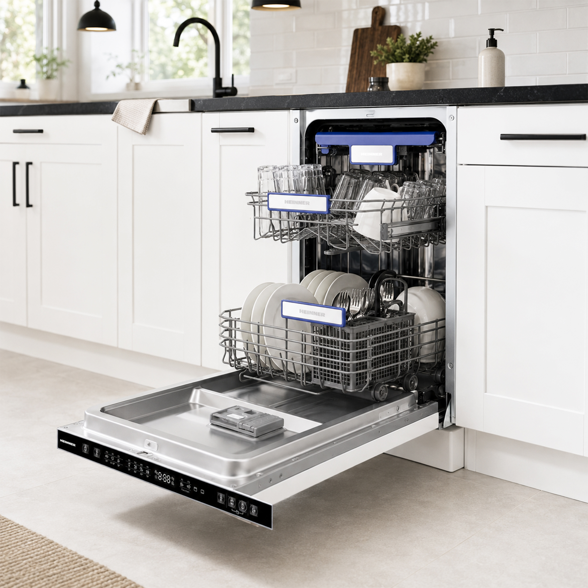 Open white dishwasher in a modern kitchen, filled with plates, glasses, and cutlery.