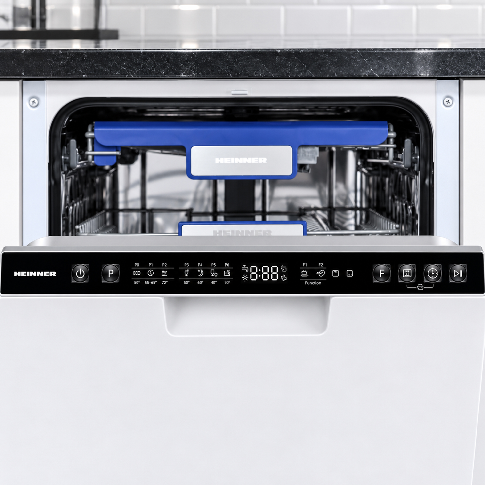 Open white Heinner dishwasher showing a blue cutlery rack and a black control panel with digital display.