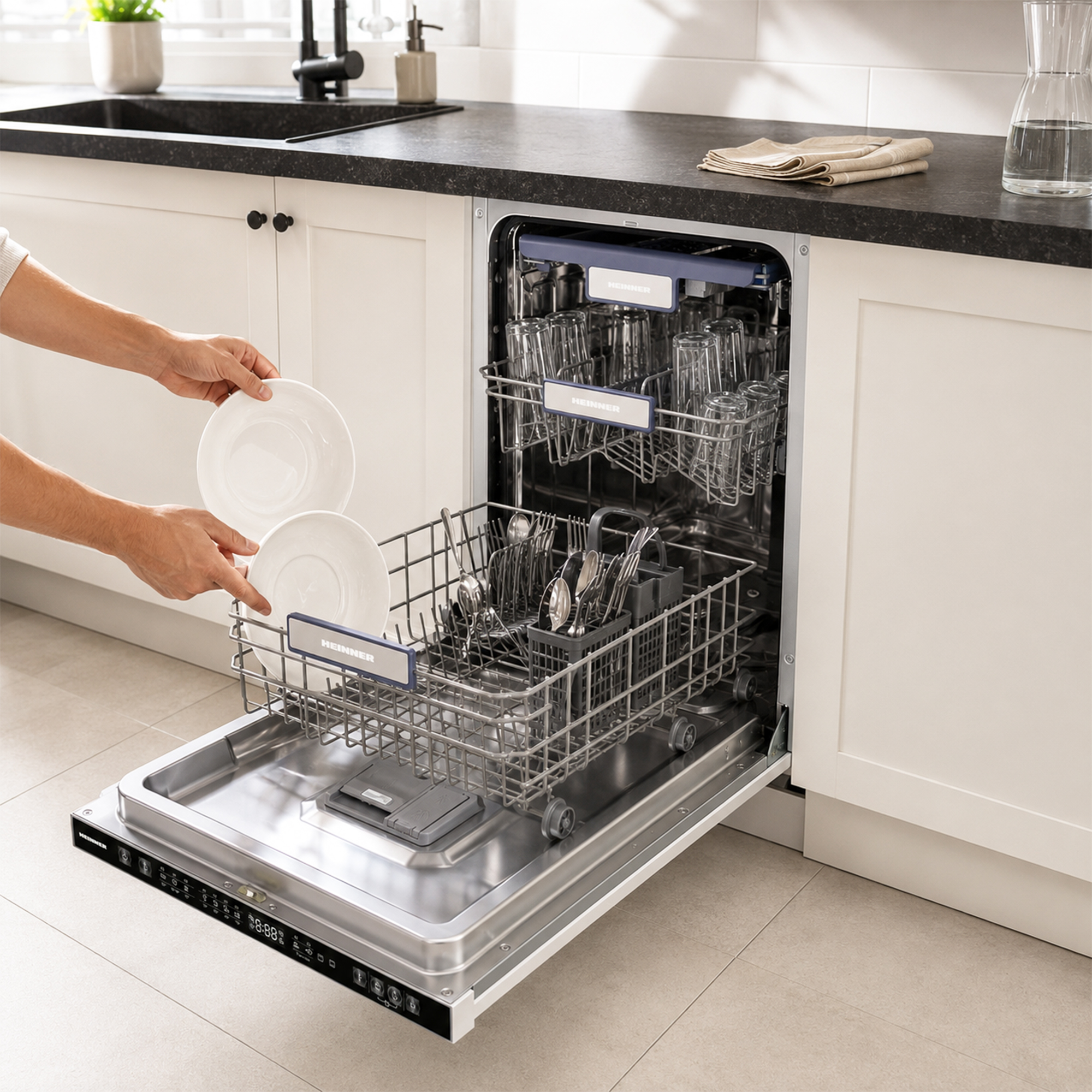Person loading plates into the open dishwasher in a white kitchen.