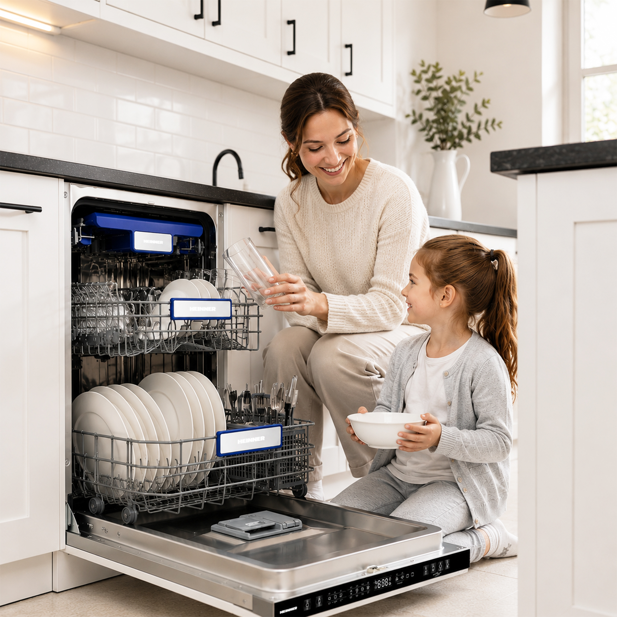 Mother and daughter loading an open, fully loaded dishwasher in a modern kitchen.