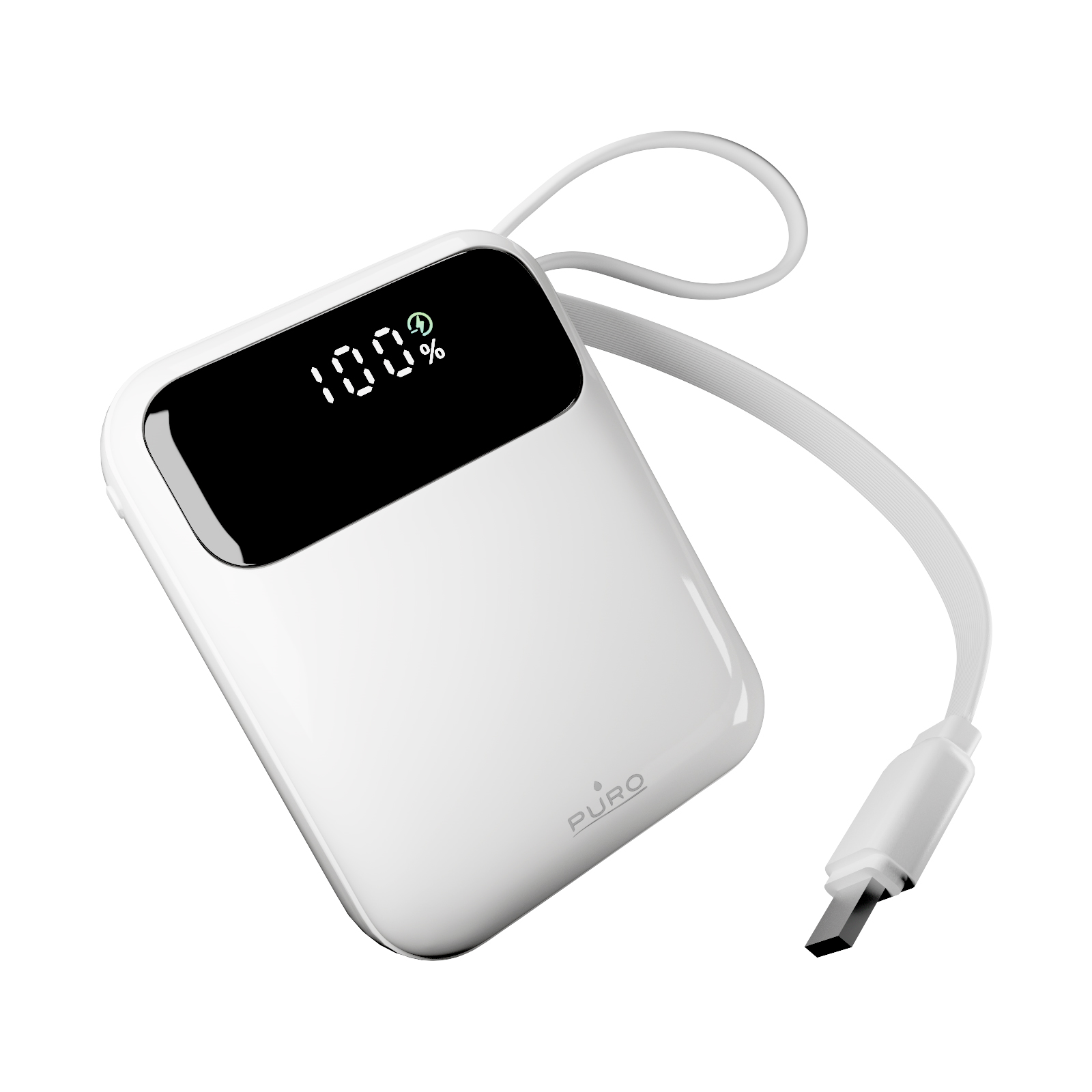 Power bank bianco con schermo digitale che mostra 100 percento, logo Puro e cavo USB bianco.