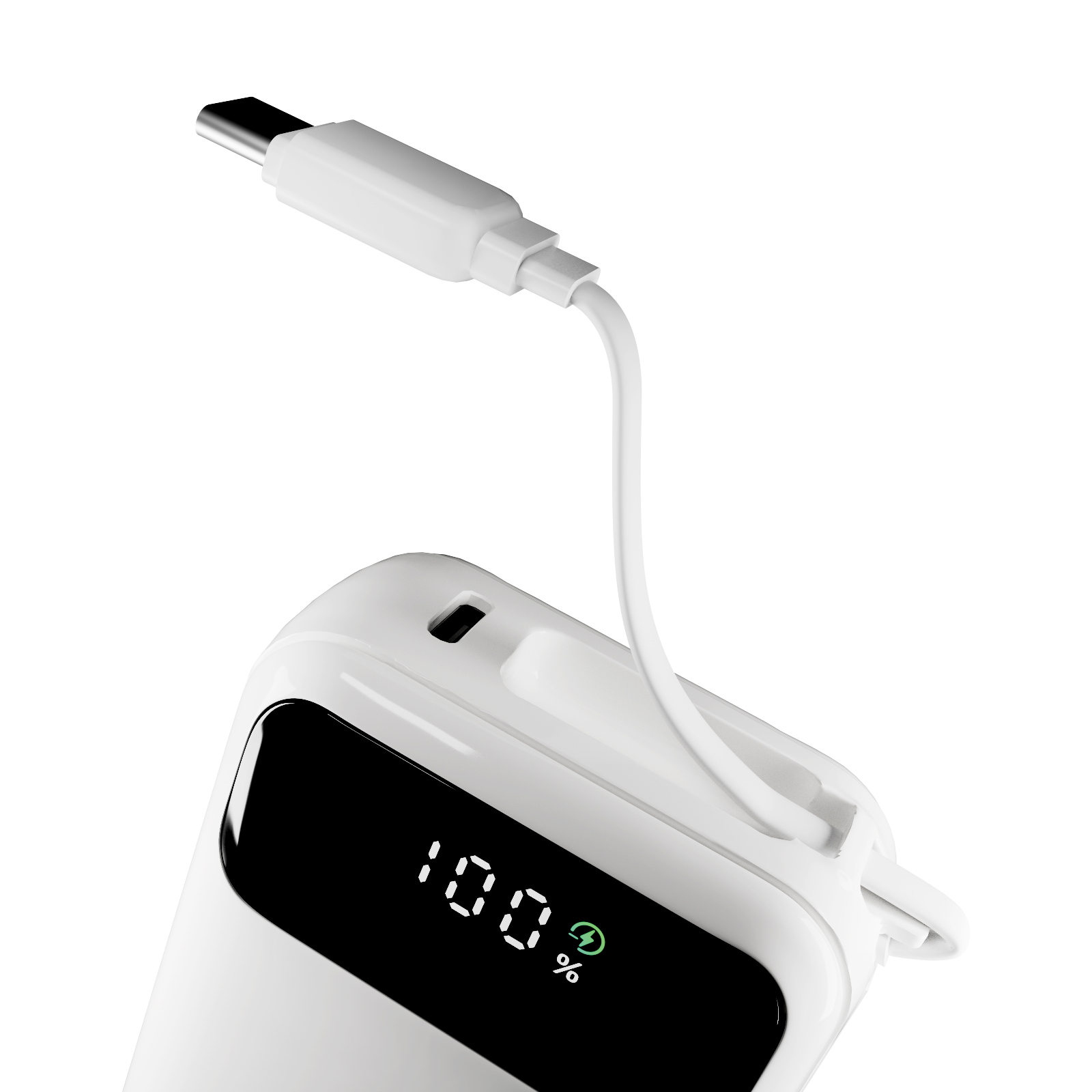 Un power bank bianco con display digitale che mostra 100% e un cavo USB-C collegato su sfondo bianco.