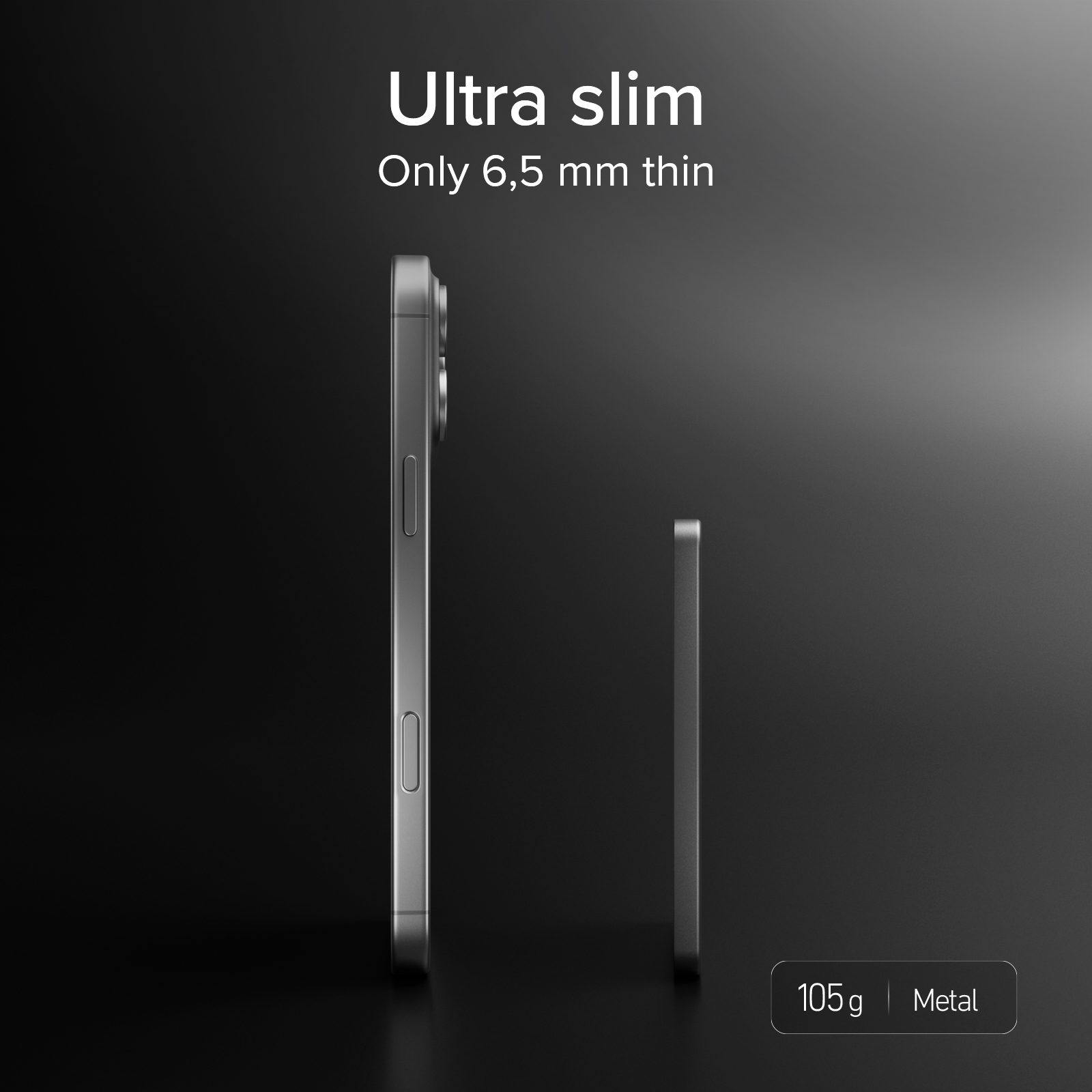 Vista lateral de un smartphone ultra delgado, de solo 6,5 mm de grosor y 105 g, con cuerpo de metal.