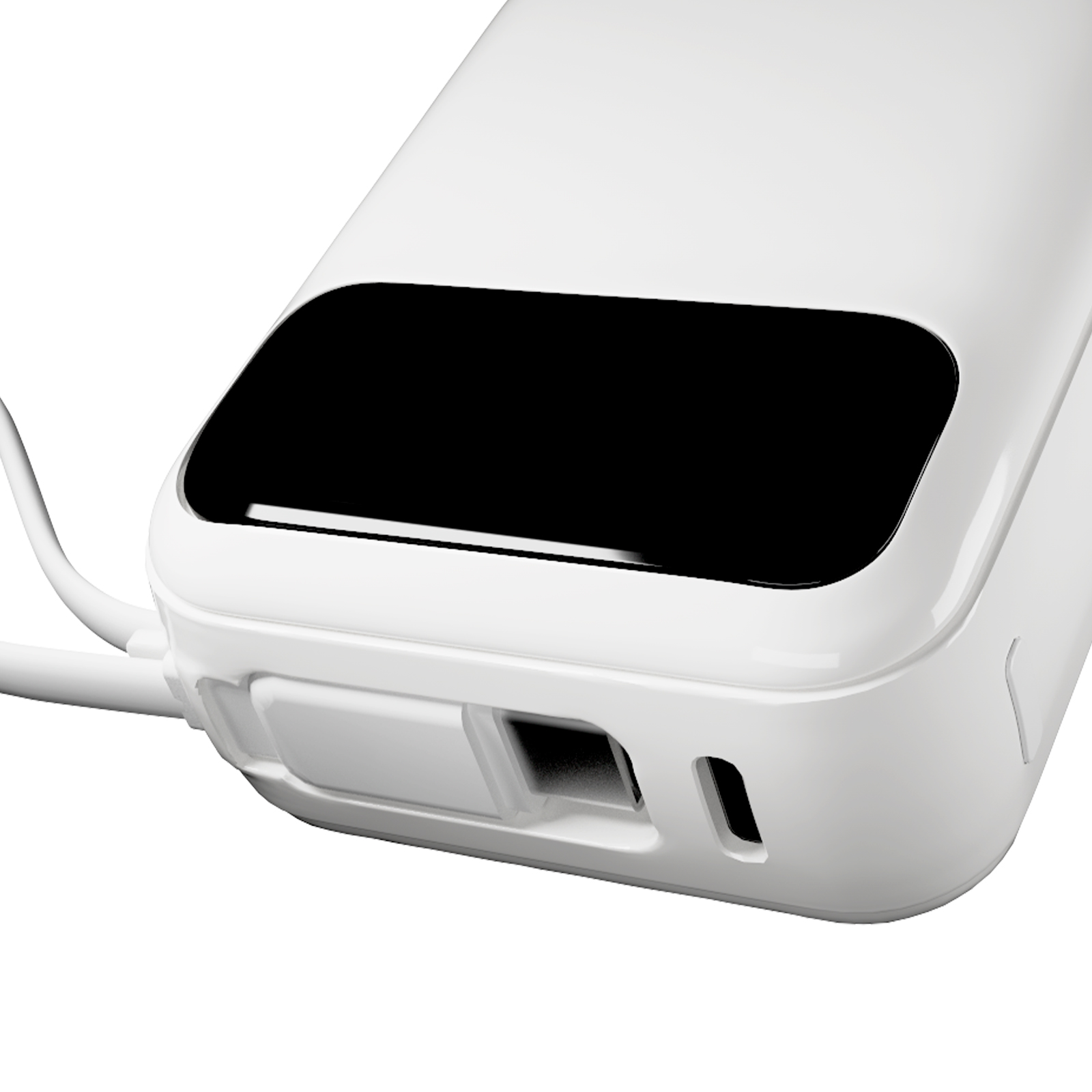 Un power bank bianco con display nero e varie porte di ricarica su una superficie bianca.