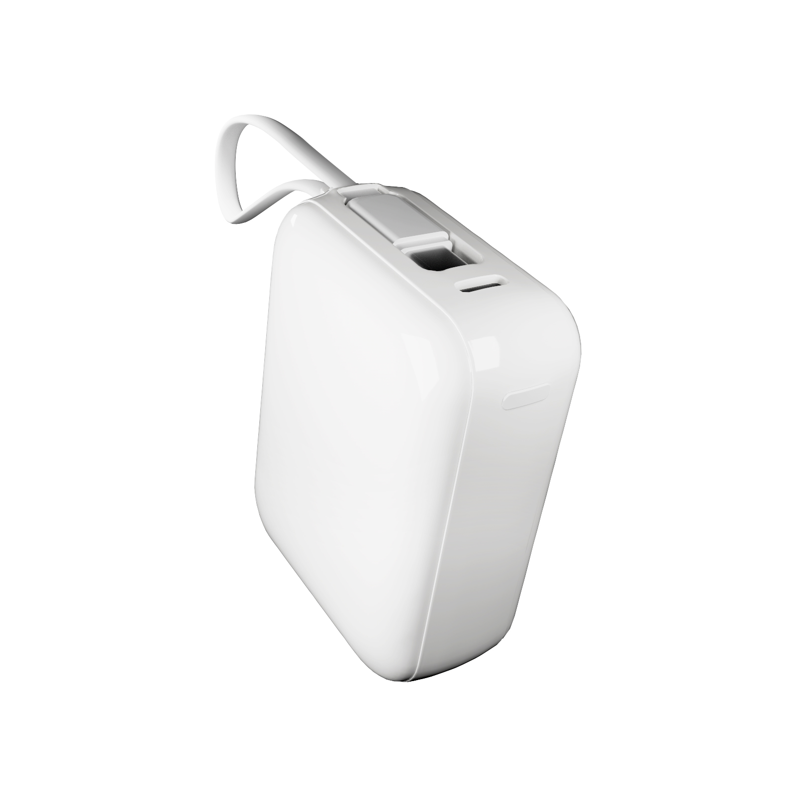 Un power bank bianco con cavo di ricarica integrato e cinturino su sfondo bianco.