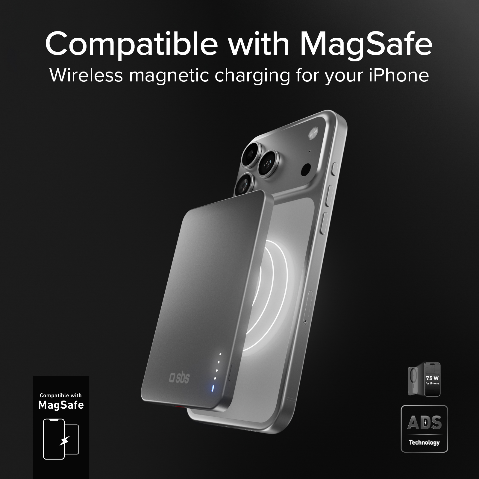 Una batería portátil gris MagSafe carga inalámbricamente un iPhone plateado en fondo oscuro.