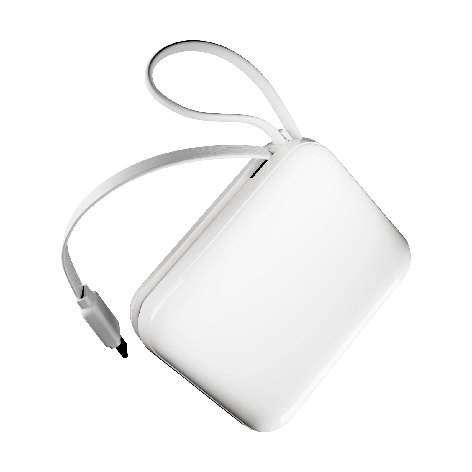 Un power bank portatile bianco con cavi di ricarica attaccati su uno sfondo bianco.