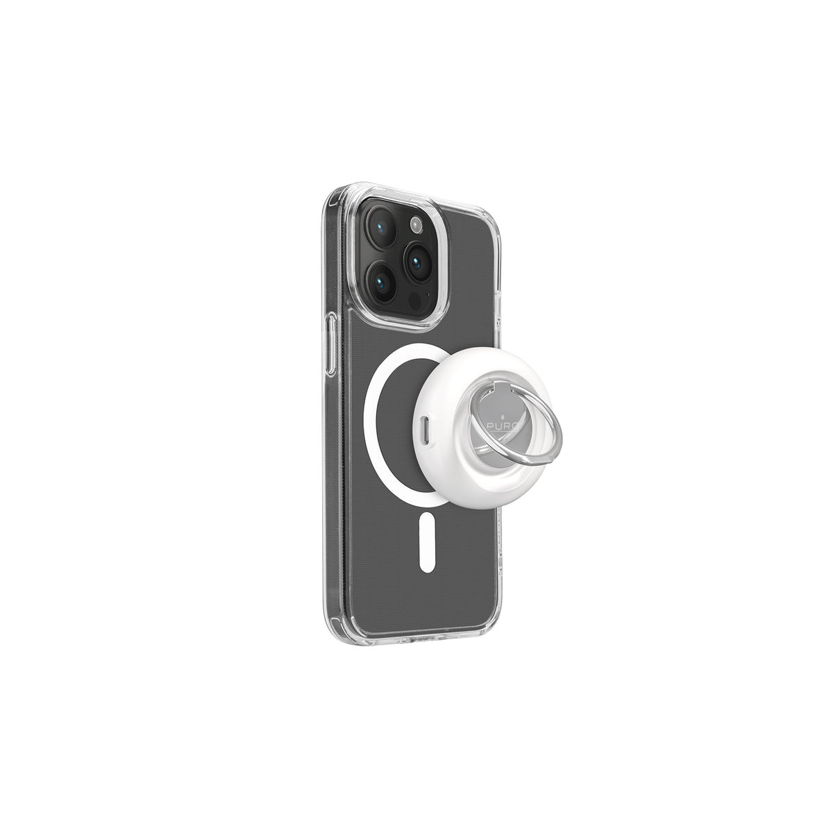 Un smartphone en funda transparente con anillo MagSafe blanco y accesorio blanco con anillo de metal.