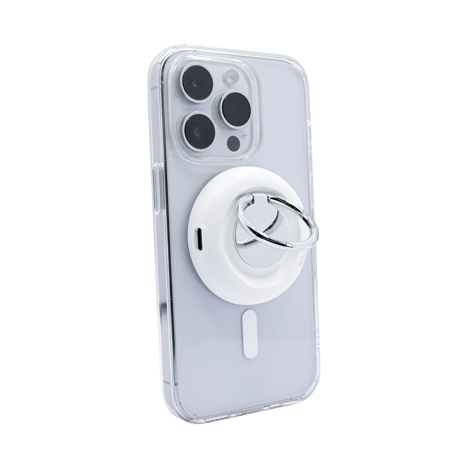 Un teléfono inteligente en funda transparente con un soporte de anillo magnético blanco en la parte trasera.