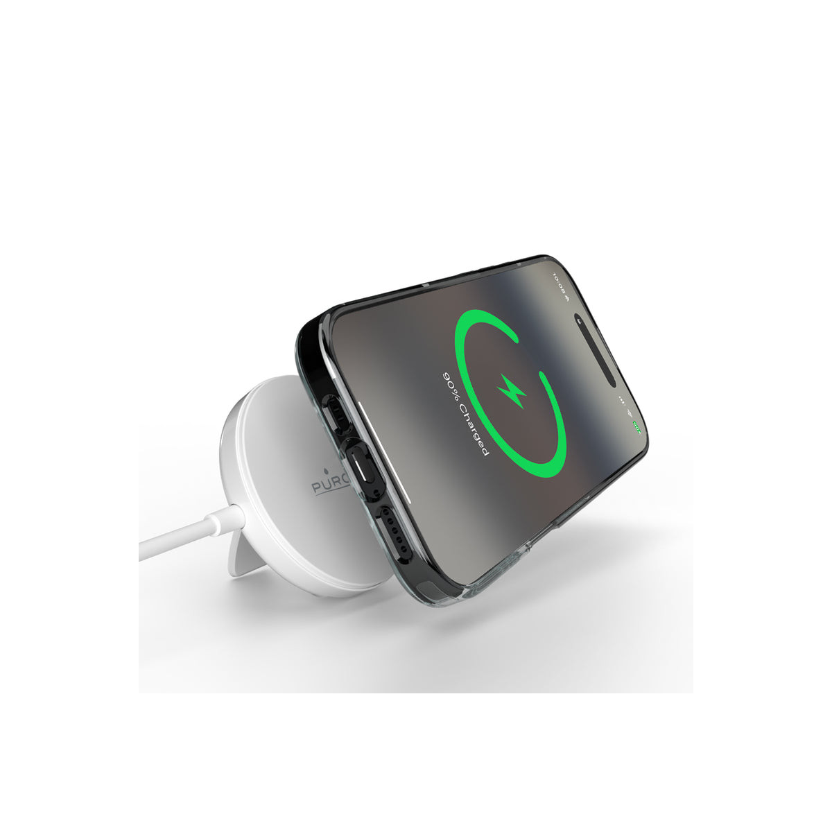 Un teléfono inteligente con funda protectora se carga de forma inalámbrica en una base blanca.