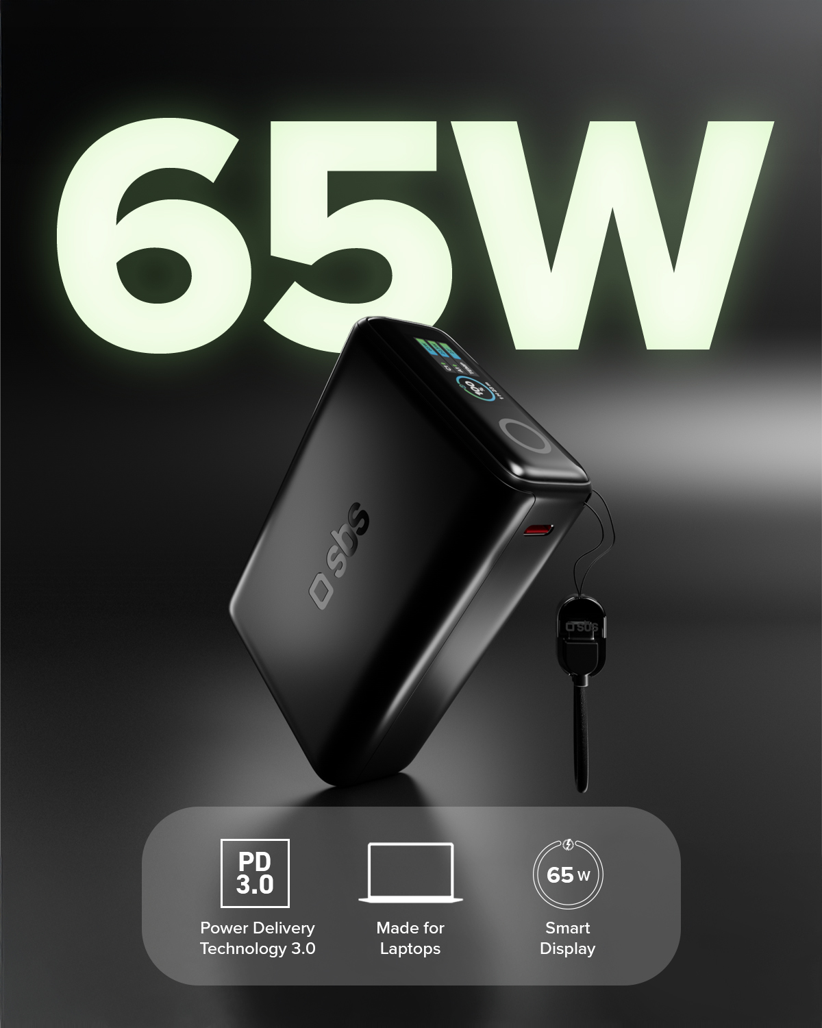 Un power bank nero con scritta 65W, laccetto e icone per PD 3.0, laptop e smart display.
