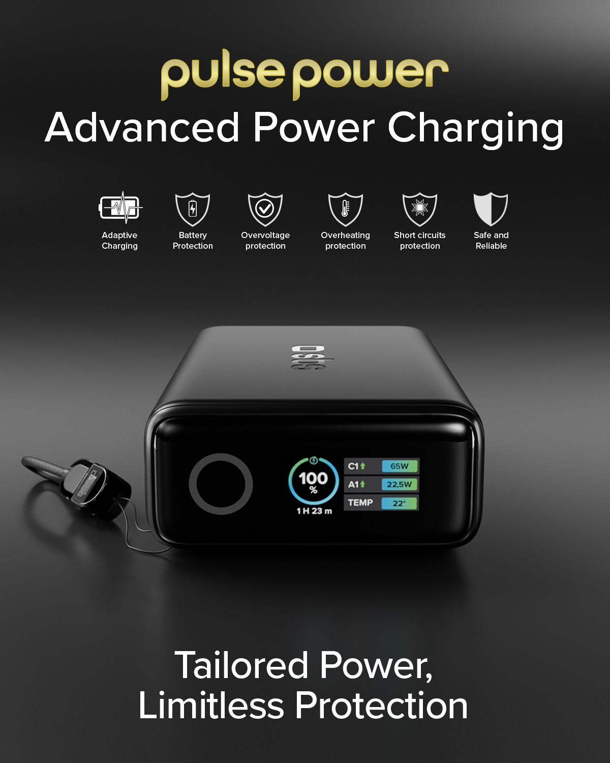 Un power bank nero con display digitale che mostra 100% e dati, con sei icone di protezione sopra.