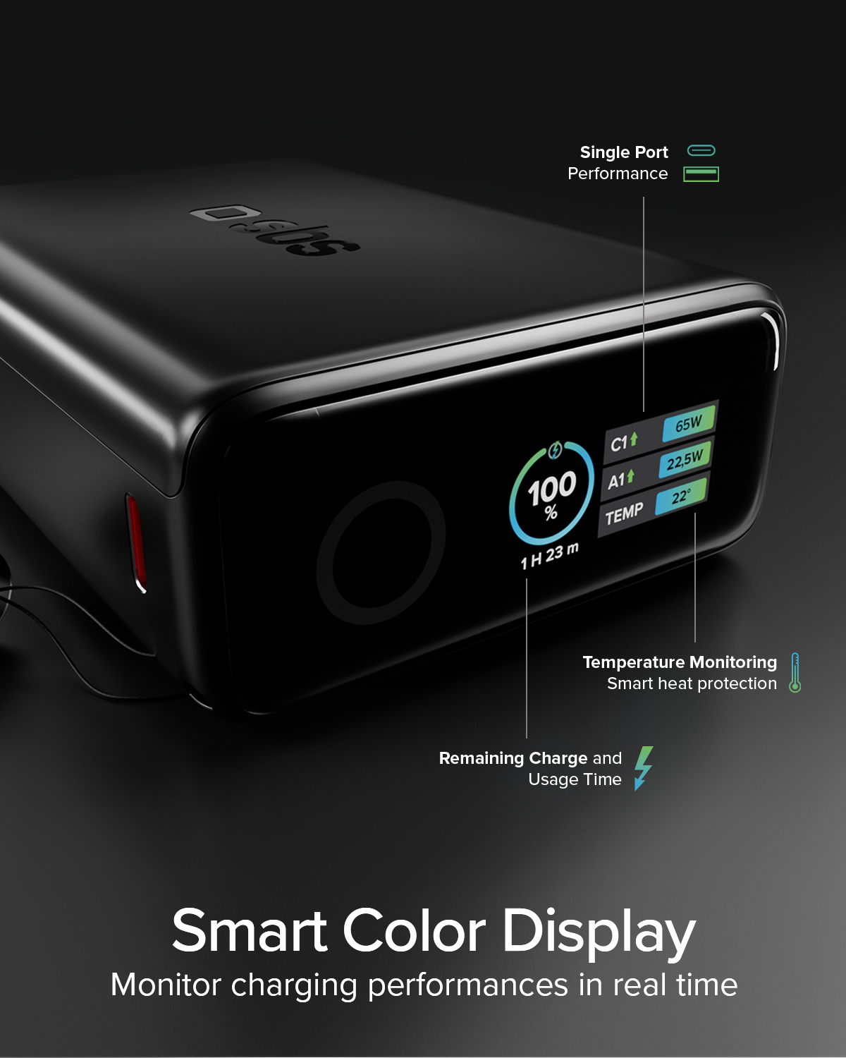 Un power bank nero con display a colori mostra lo stato della batteria e la temperatura.
