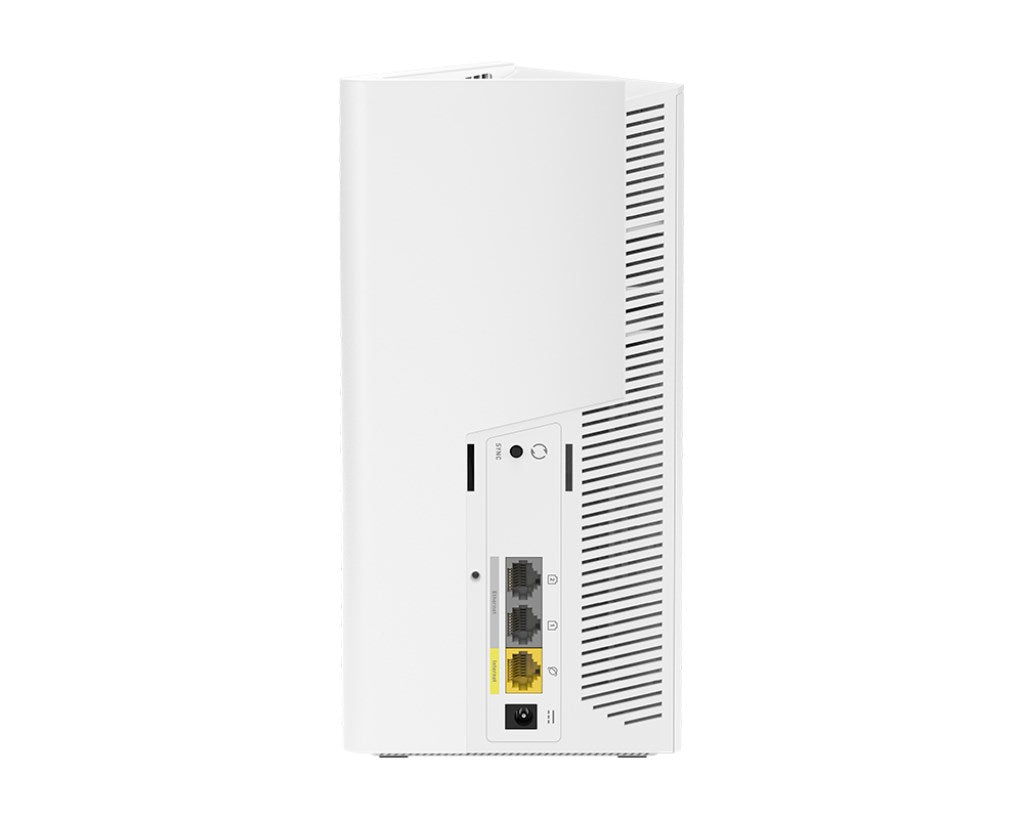Tylny panel białego routera Wi-Fi z portami Ethernet i kratkami wentylacyjnymi.