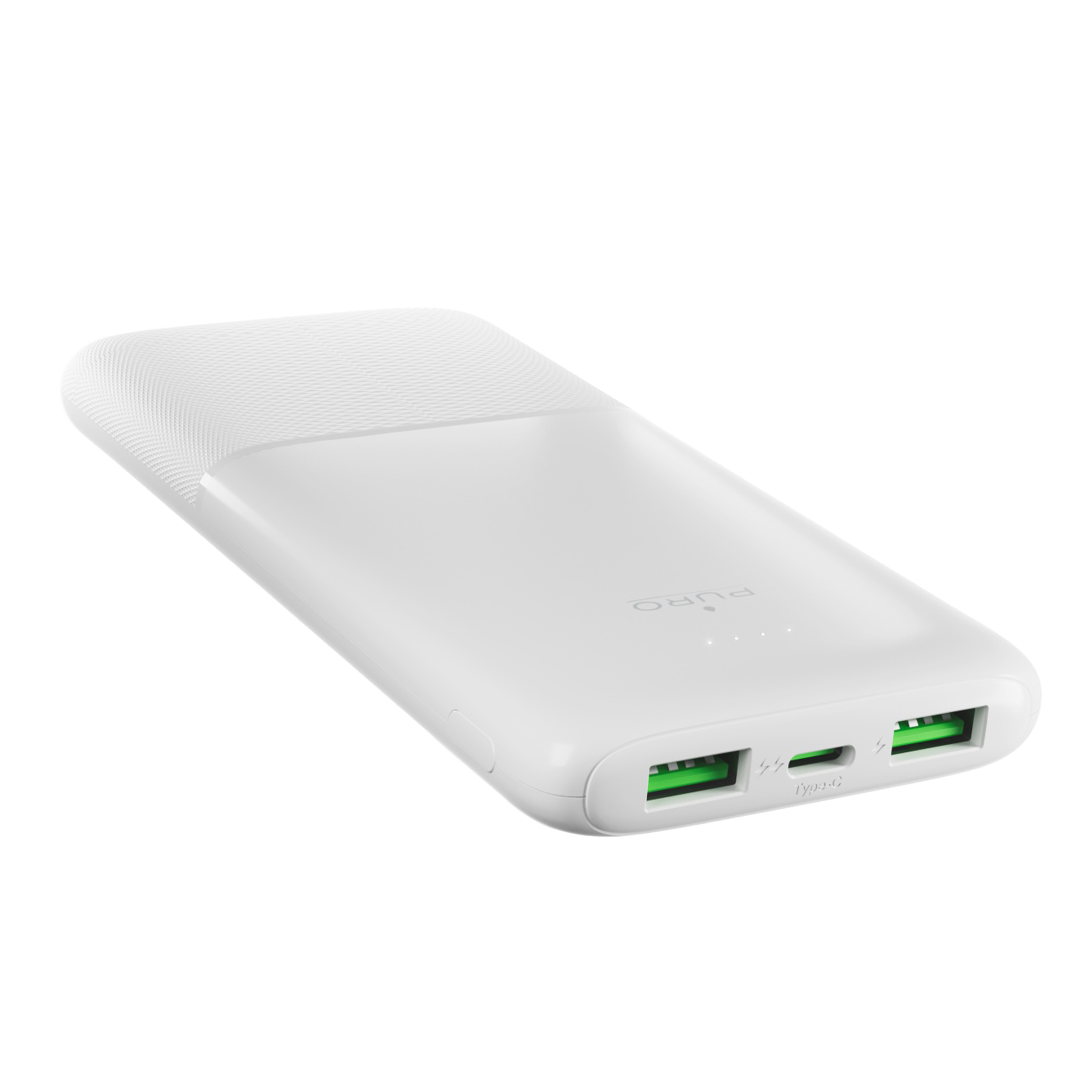 Un power bank bianco con superficie strutturata e porte USB verdi su sfondo bianco.