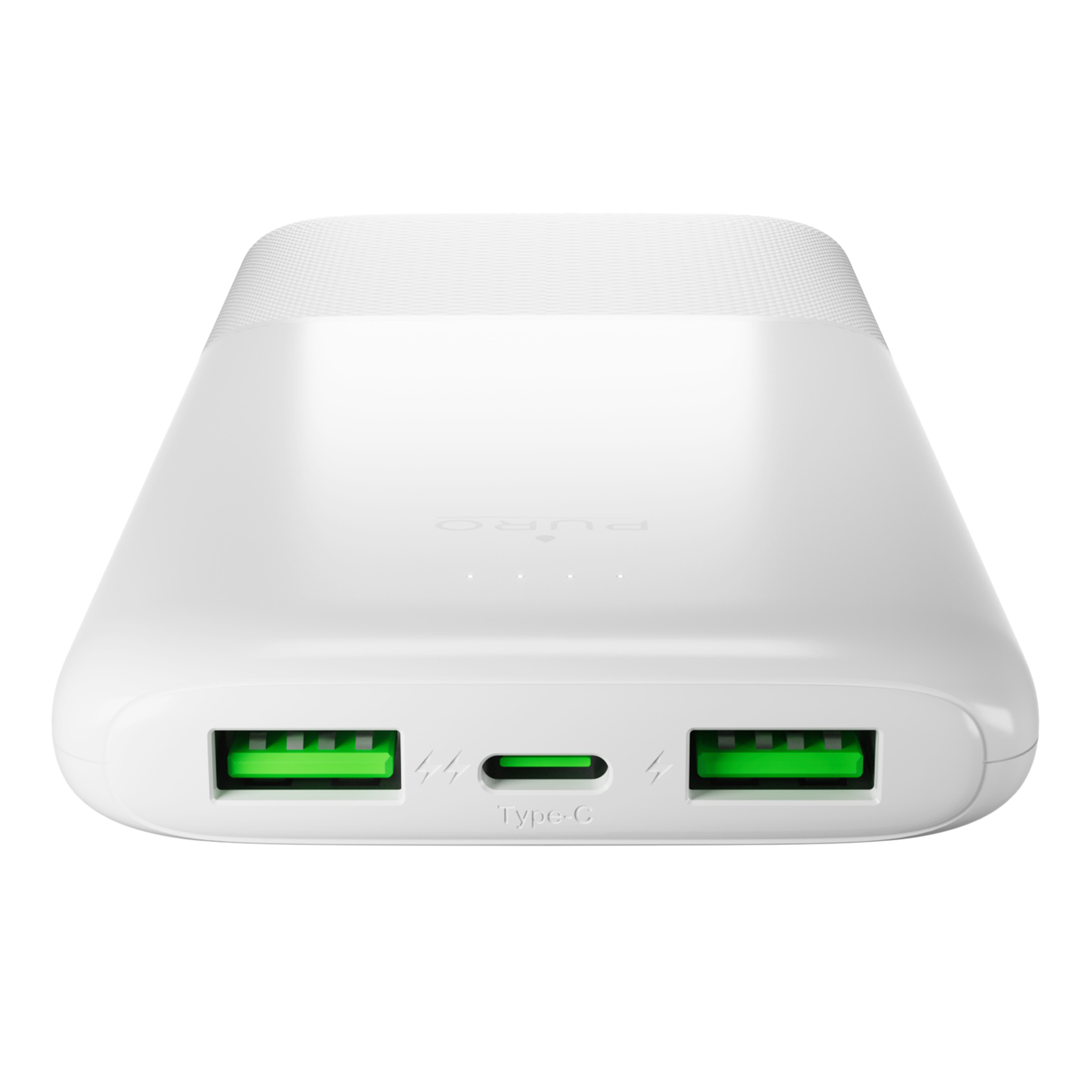 Power bank bianca con due porte USB verdi e una porta USB-C sulla parte anteriore.