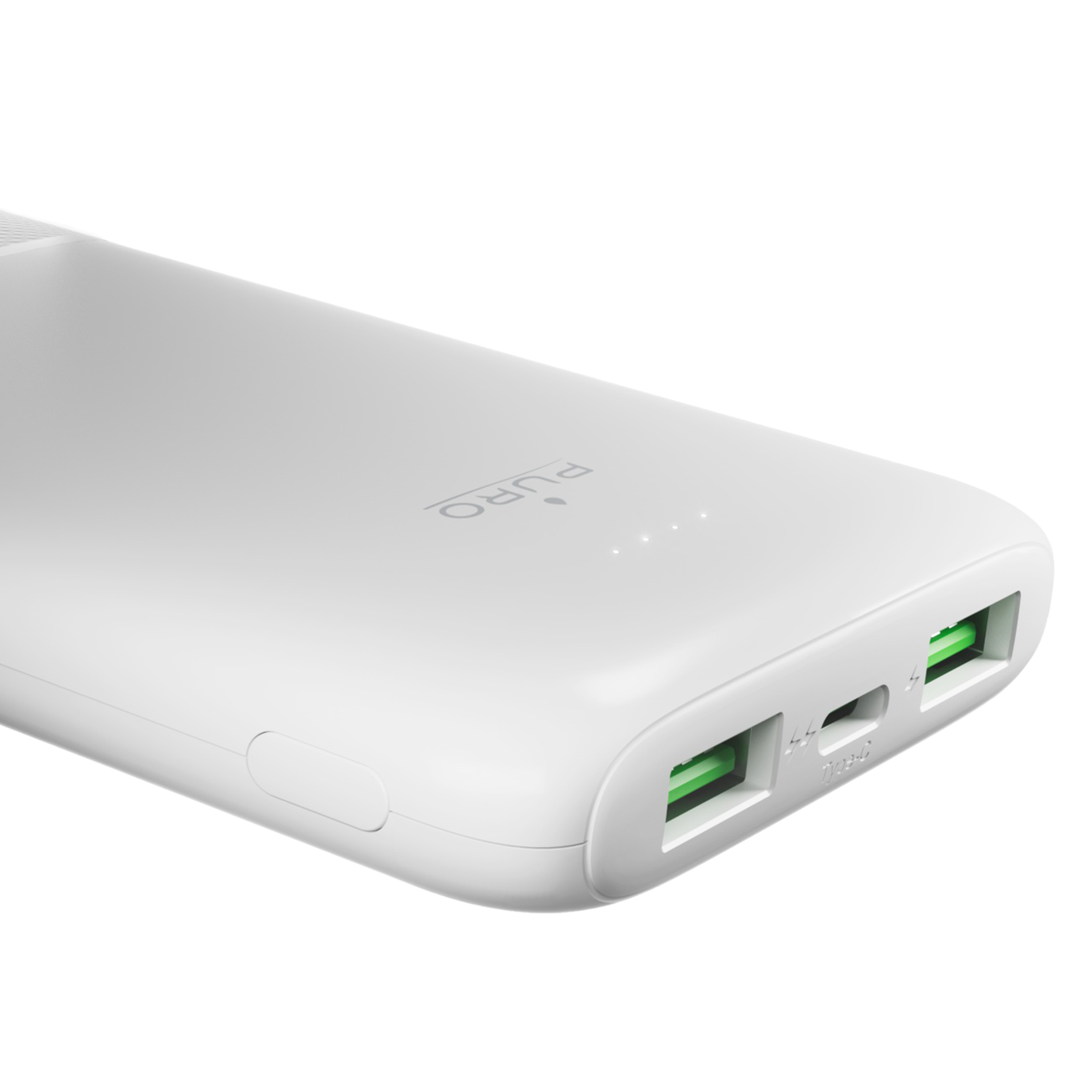 Un power bank bianco con due porte USB, una porta Type-C e il logo del marchio.