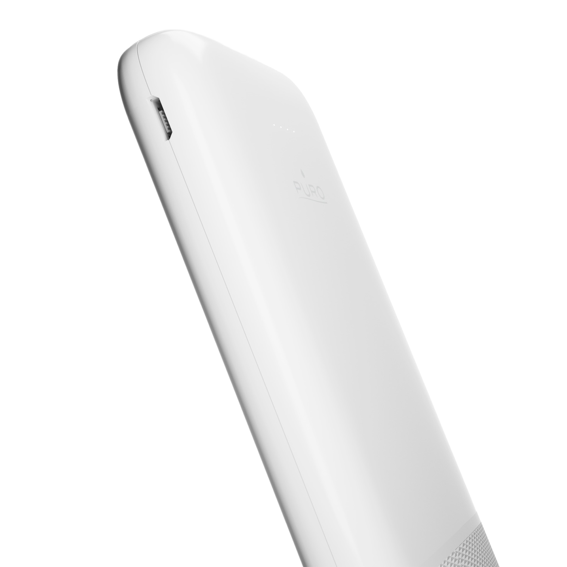 Un elegante power bank bianco con bordi arrotondati e una porta visibile.
