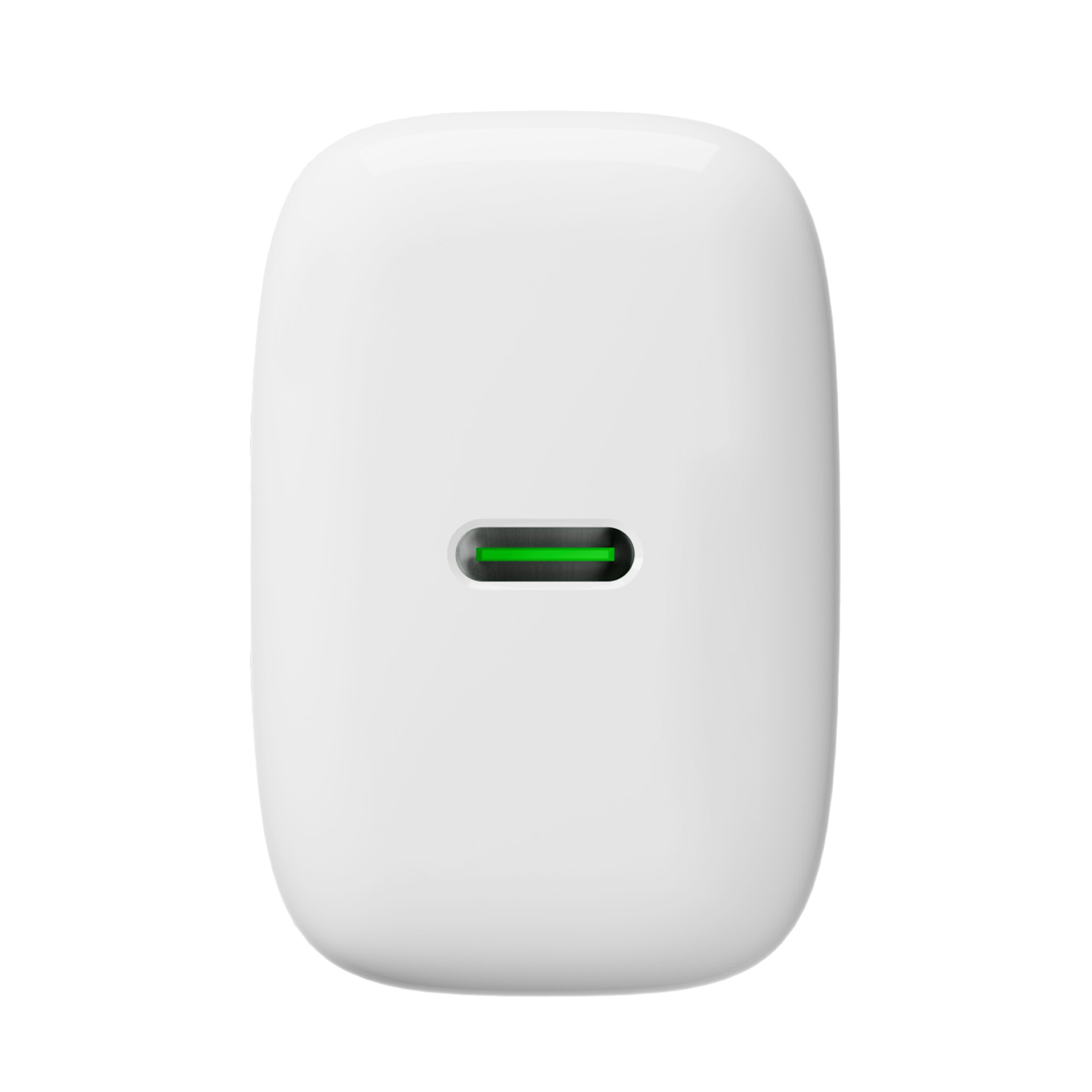 Un cargador de pared USB-C blanco y redondeado con una luz indicadora verde sobre fondo blanco.