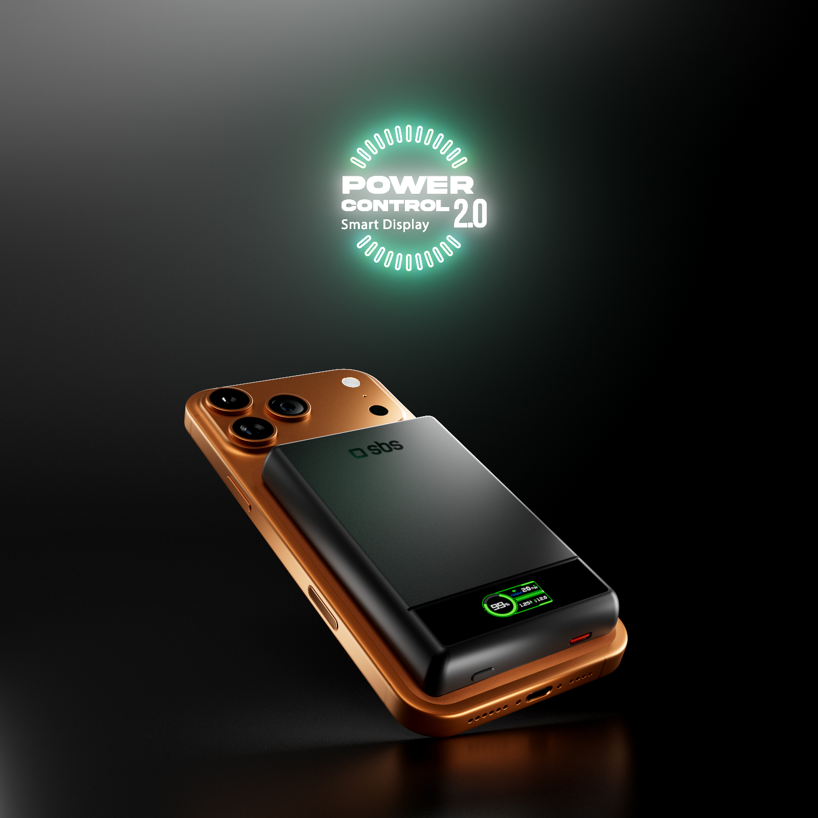 Uno smartphone dorato con power bank nero sul retro su sfondo nero con testo luminoso.
