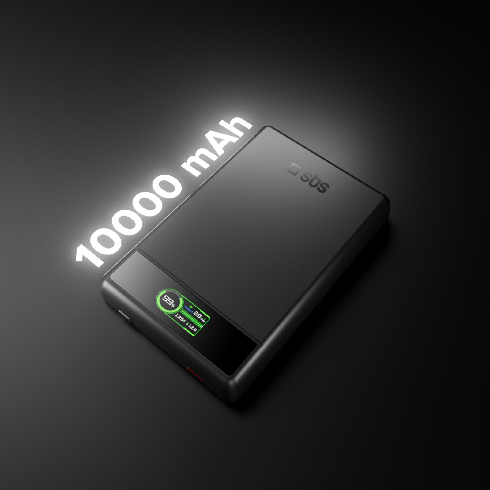 Un power bank nero con scritta luminosa 10000 mAh e un piccolo display digitale su sfondo scuro.