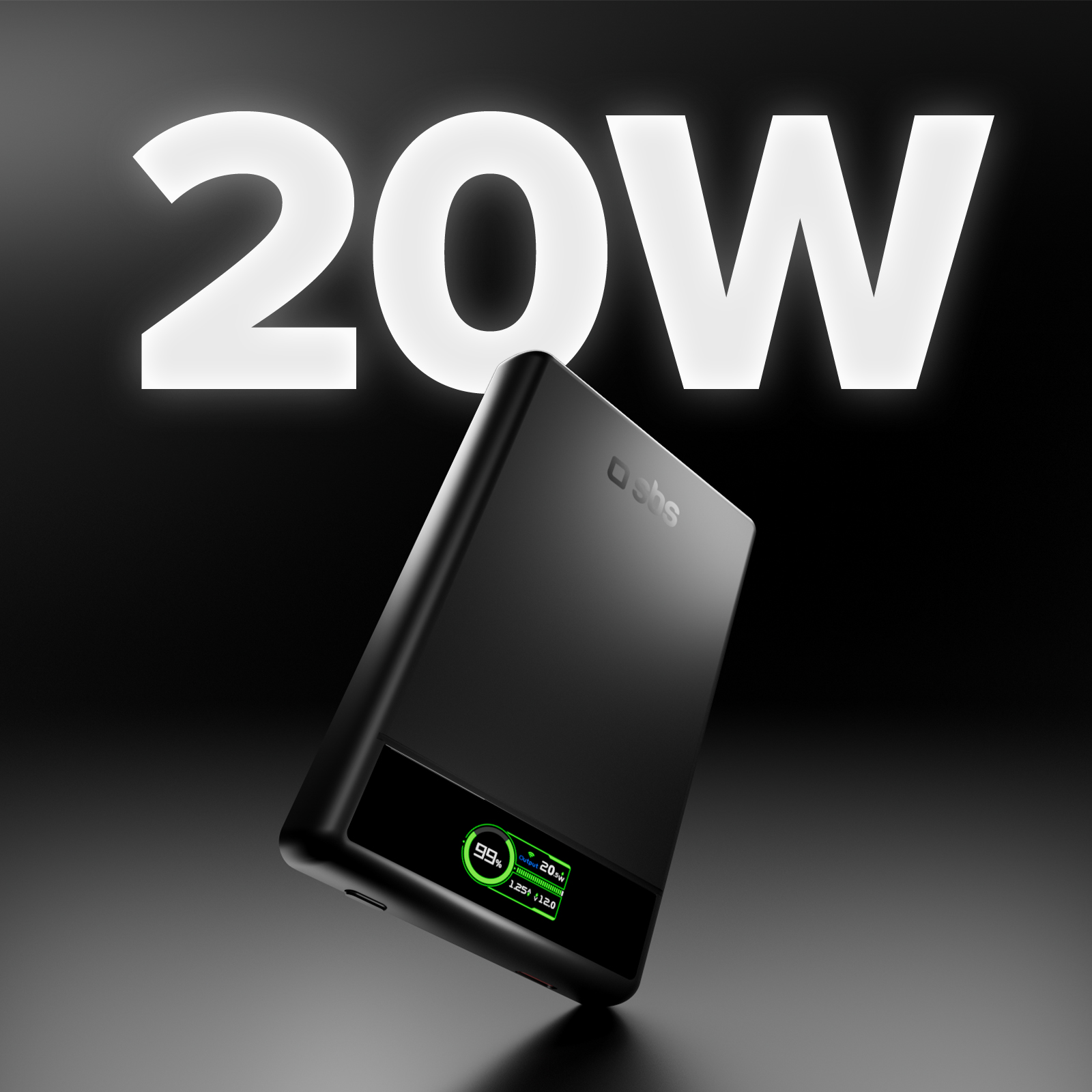 Power bank nera con display digitale e scritta 20W sullo sfondo su superficie scura.