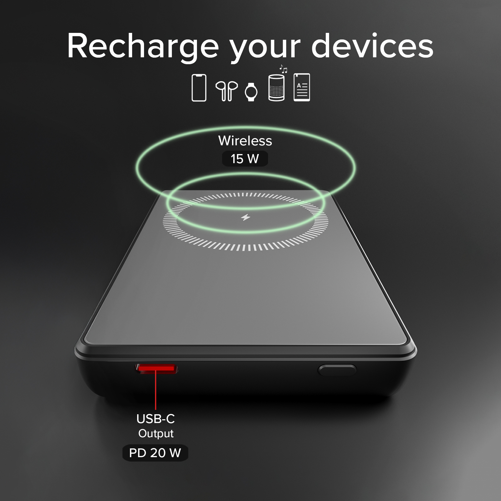 Un power bank nero con ricarica wireless da 15W e uscita USB-C da 20W.