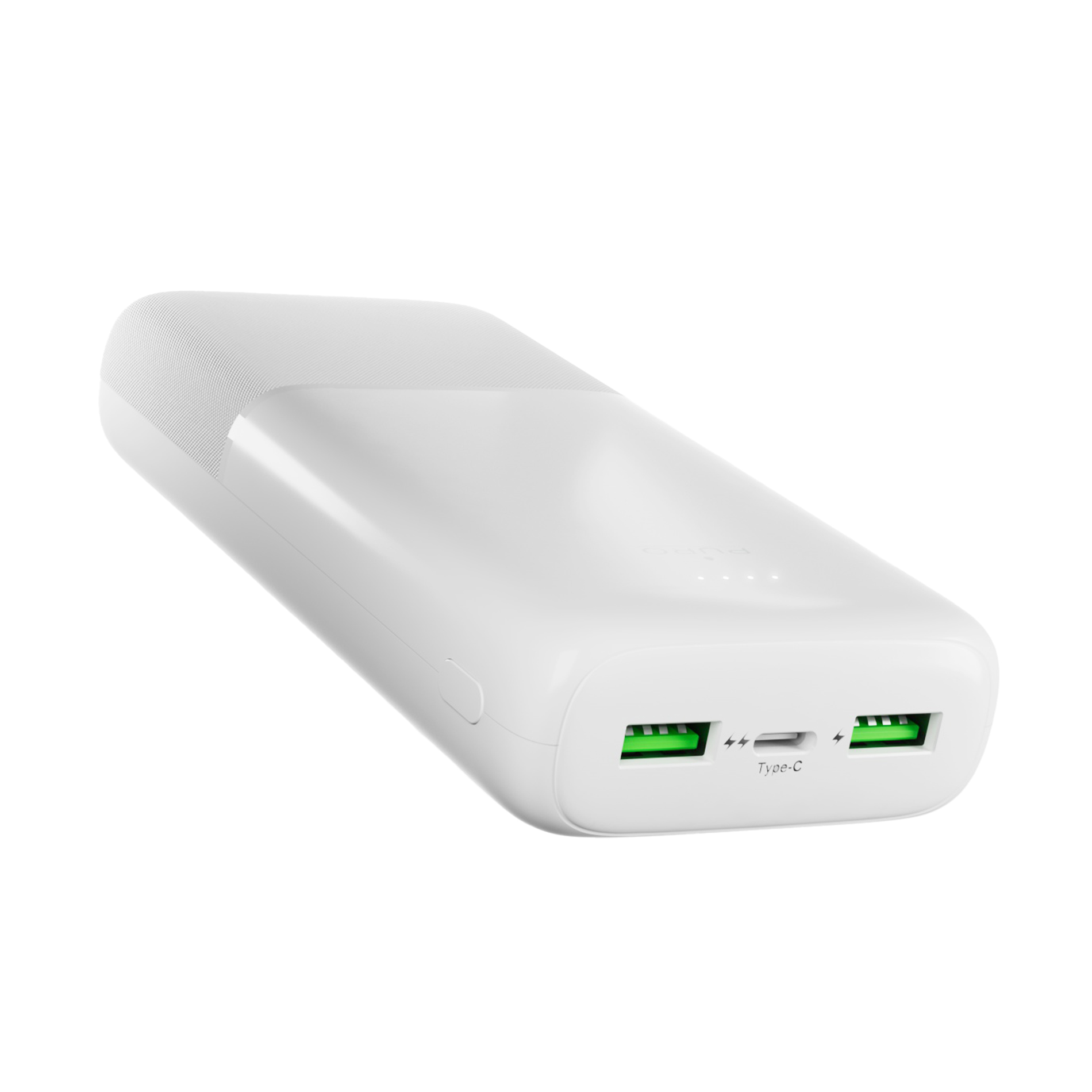 Un power bank bianco con due porte USB verdi e una porta Type-C su uno sfondo bianco.