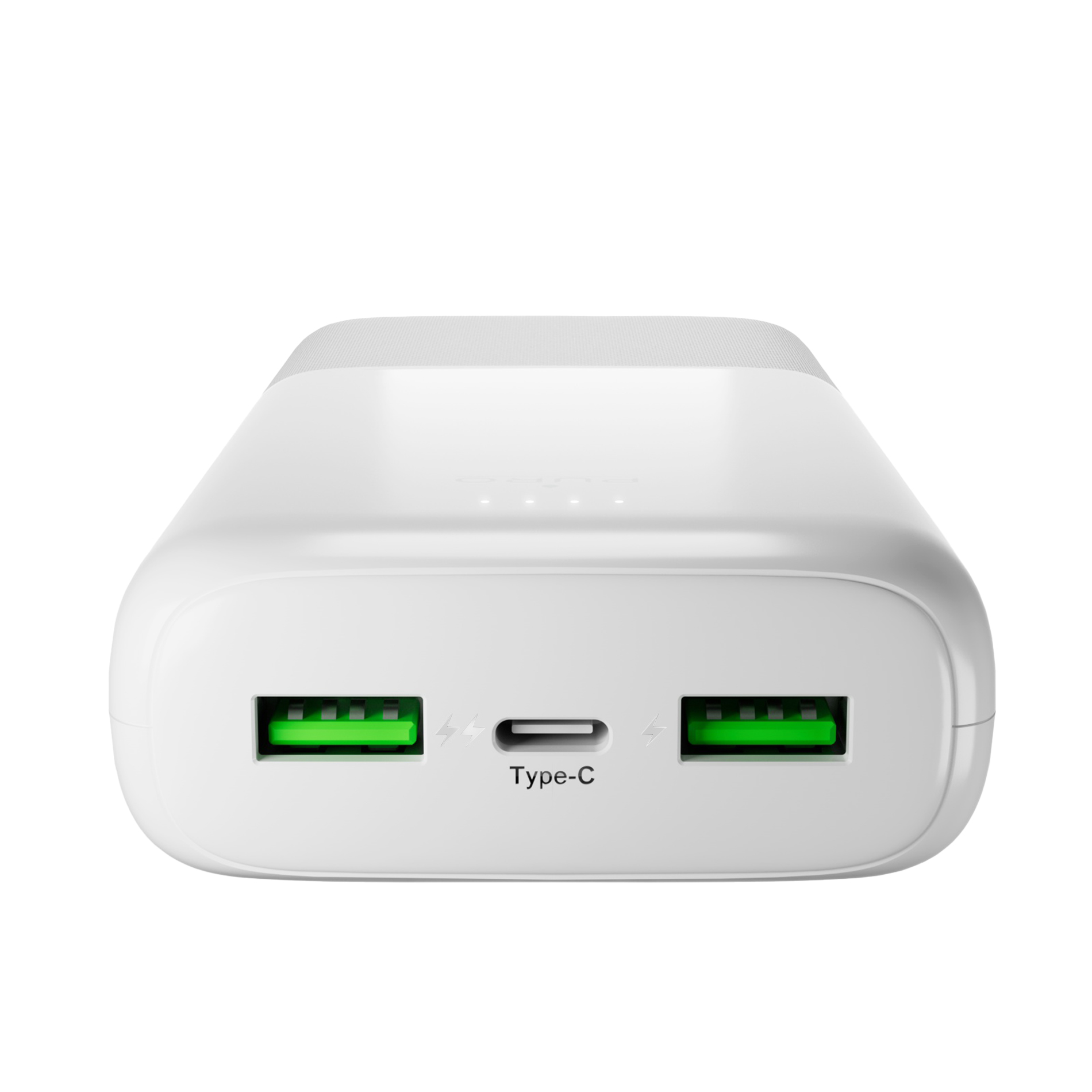 Una power bank bianca con due porte USB-A verdi e una porta USB-C centrale.