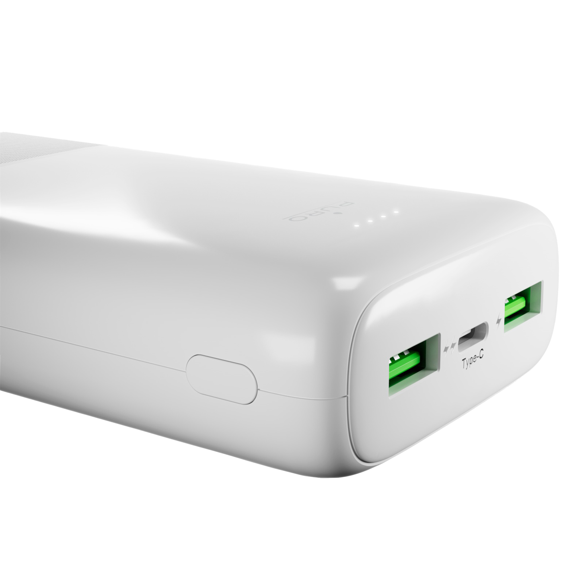 Primo piano di un power bank bianco con due porte USB verdi e una porta Type-C su uno sfondo bianco.