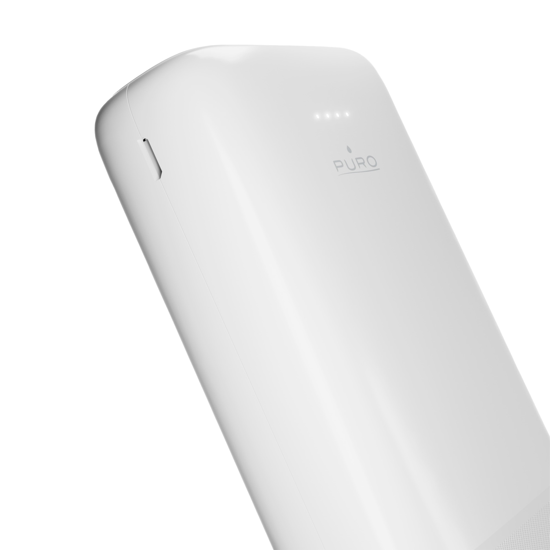 Un power bank Puro bianco su sfondo bianco con quattro spie luminose in alto.