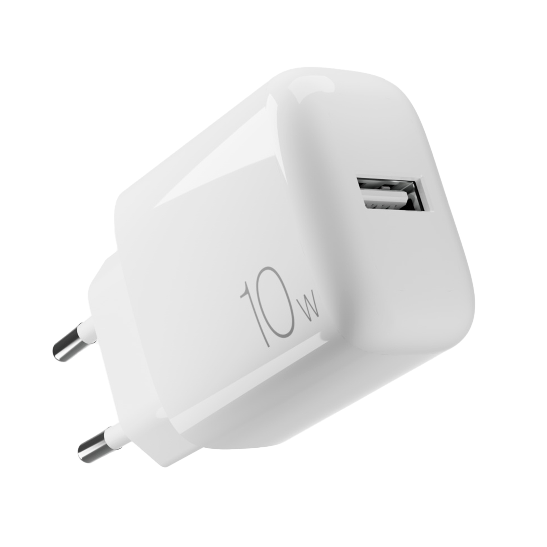Un adaptador de corriente USB blanco de 10W con un enchufe europeo de dos clavijas.