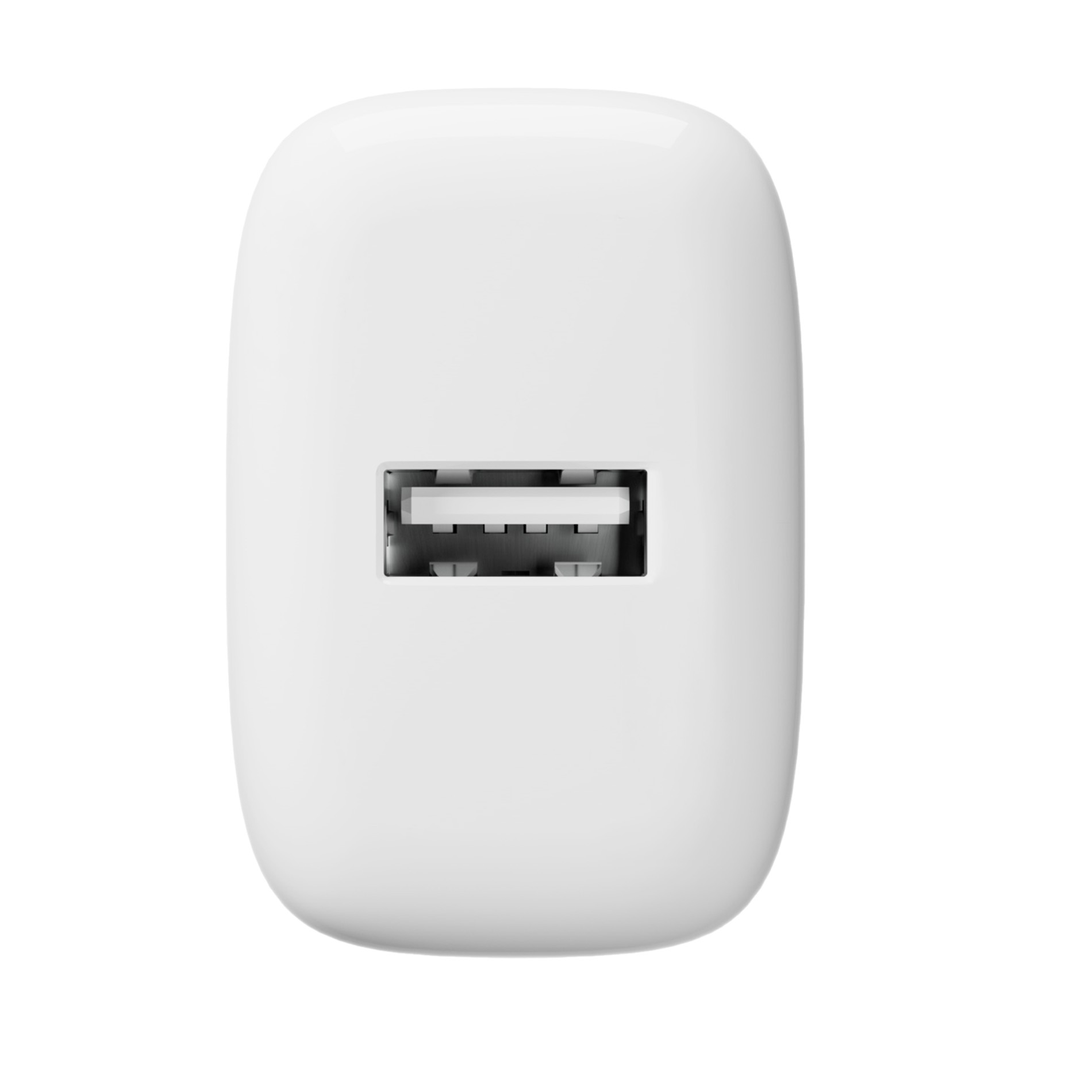 Un cargador USB blanco con un solo puerto USB centrado en una superficie brillante.