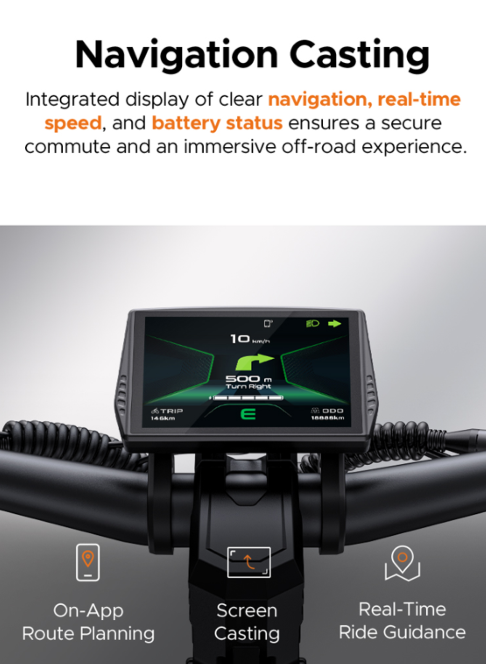 Pantalla del manillar muestra navegación y velocidad.