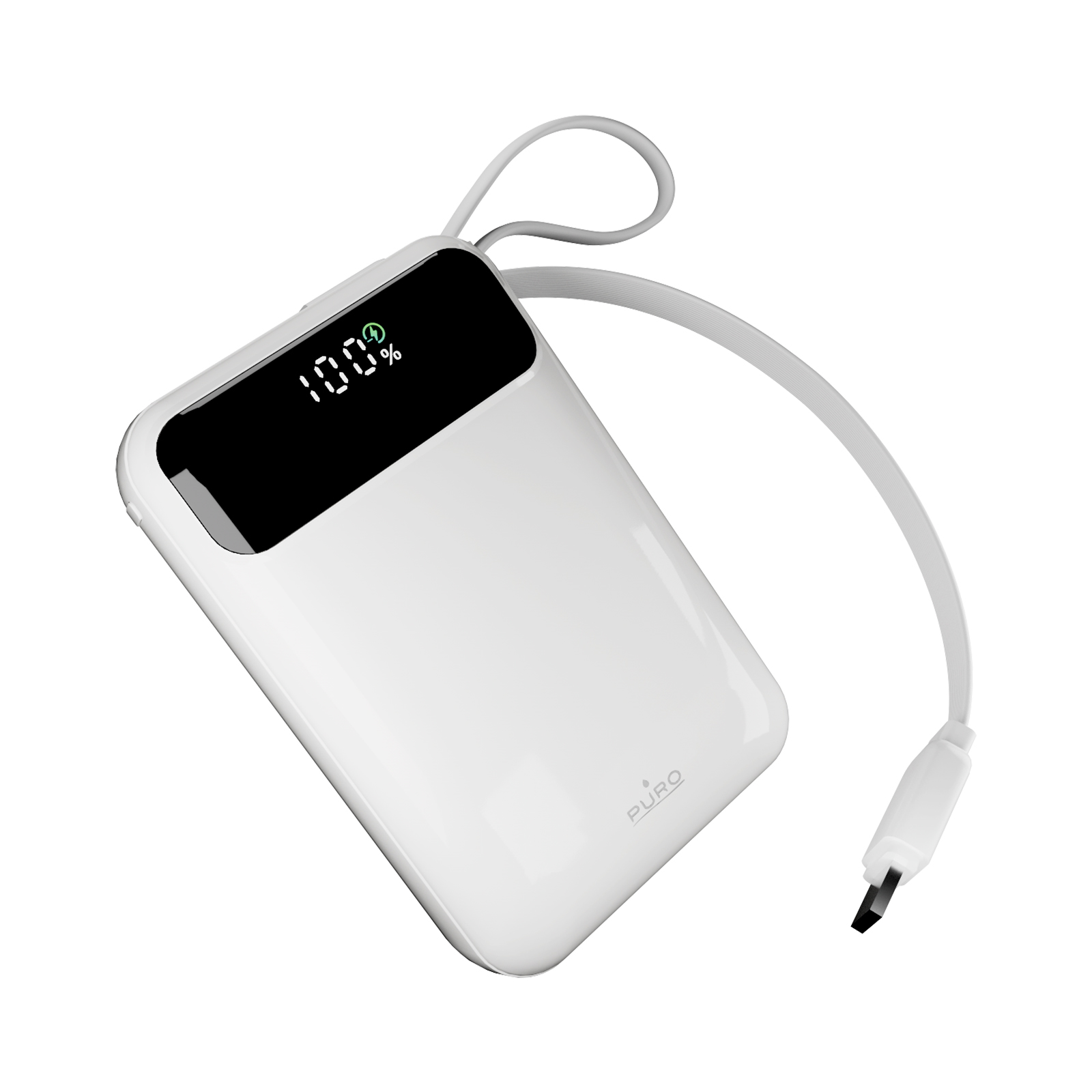 Power bank bianco con display digitale al 100 per cento, cordino e cavo di ricarica collegato.