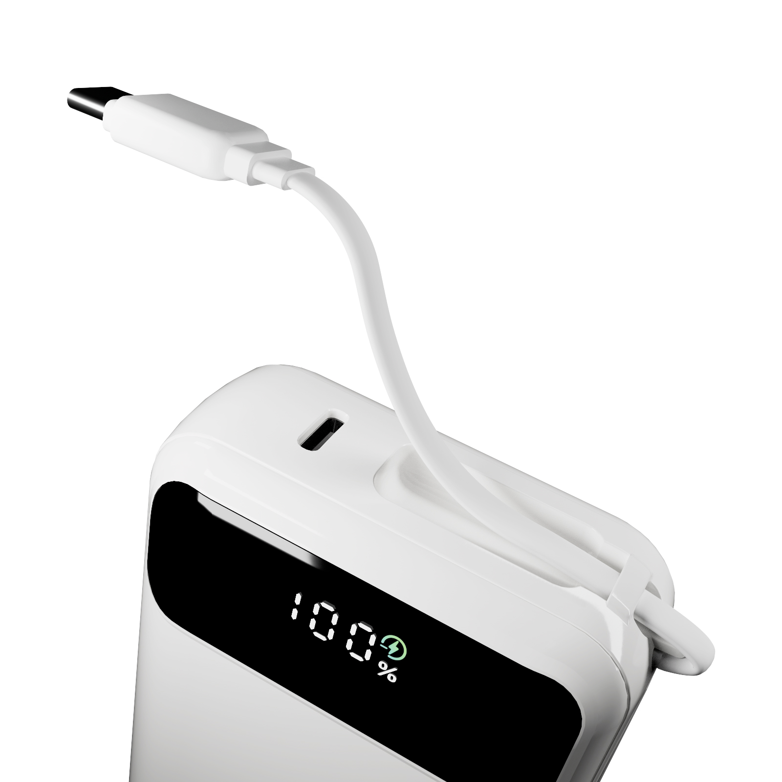 Un power bank bianco con cavo integrato mostra un display digitale al 100% con un'icona di ricarica.