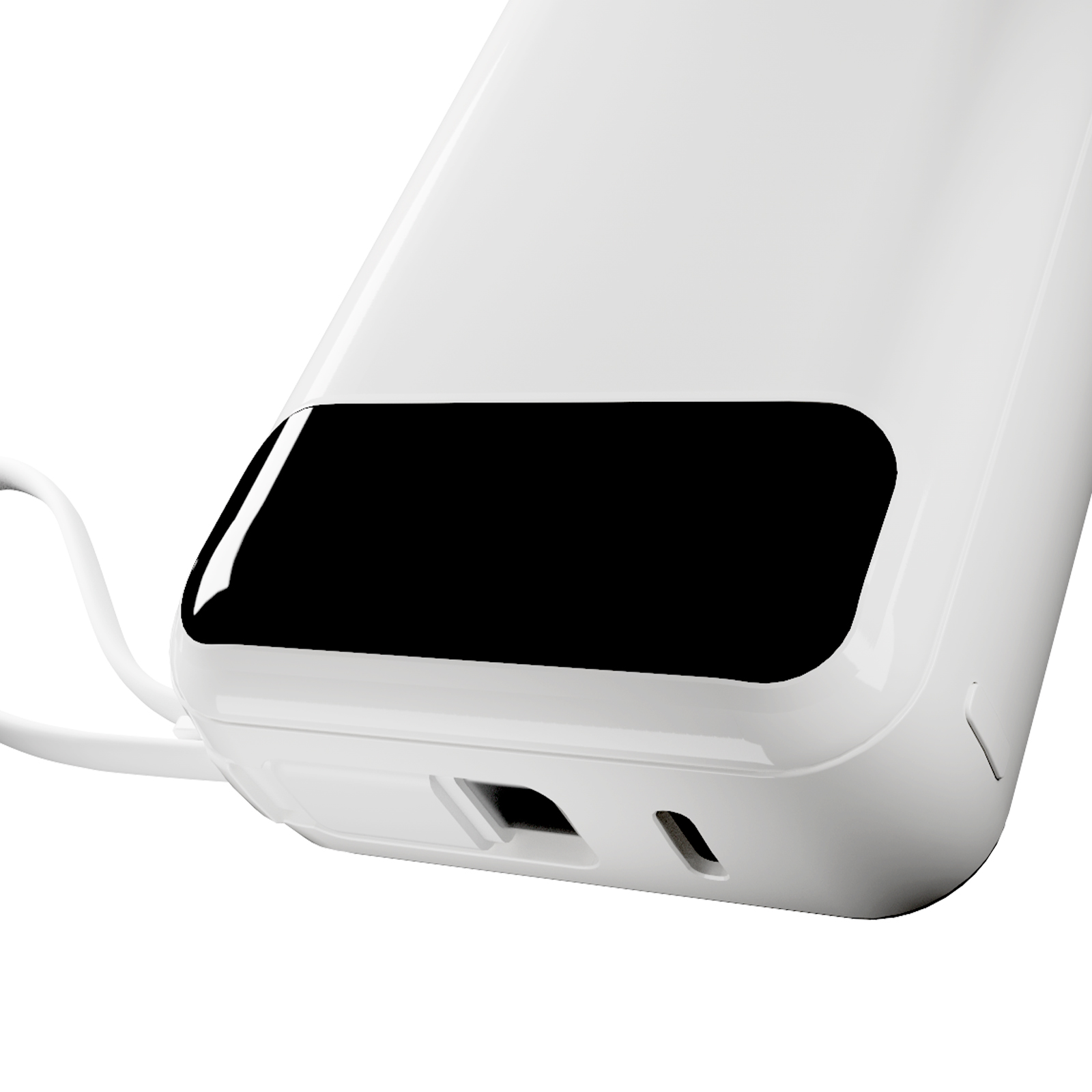 Primo piano di un power bank bianco con display nero e varie porte su sfondo bianco.